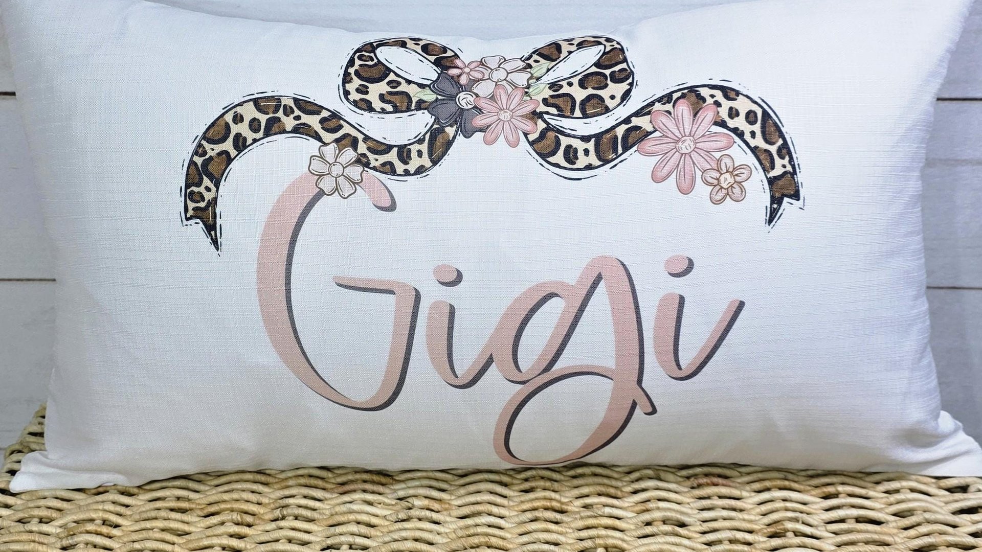 personalized blush pink gigi throw pillow for bed, leopard print bow coquette pillow cover 12 by 20, mother in law mothers day gifts