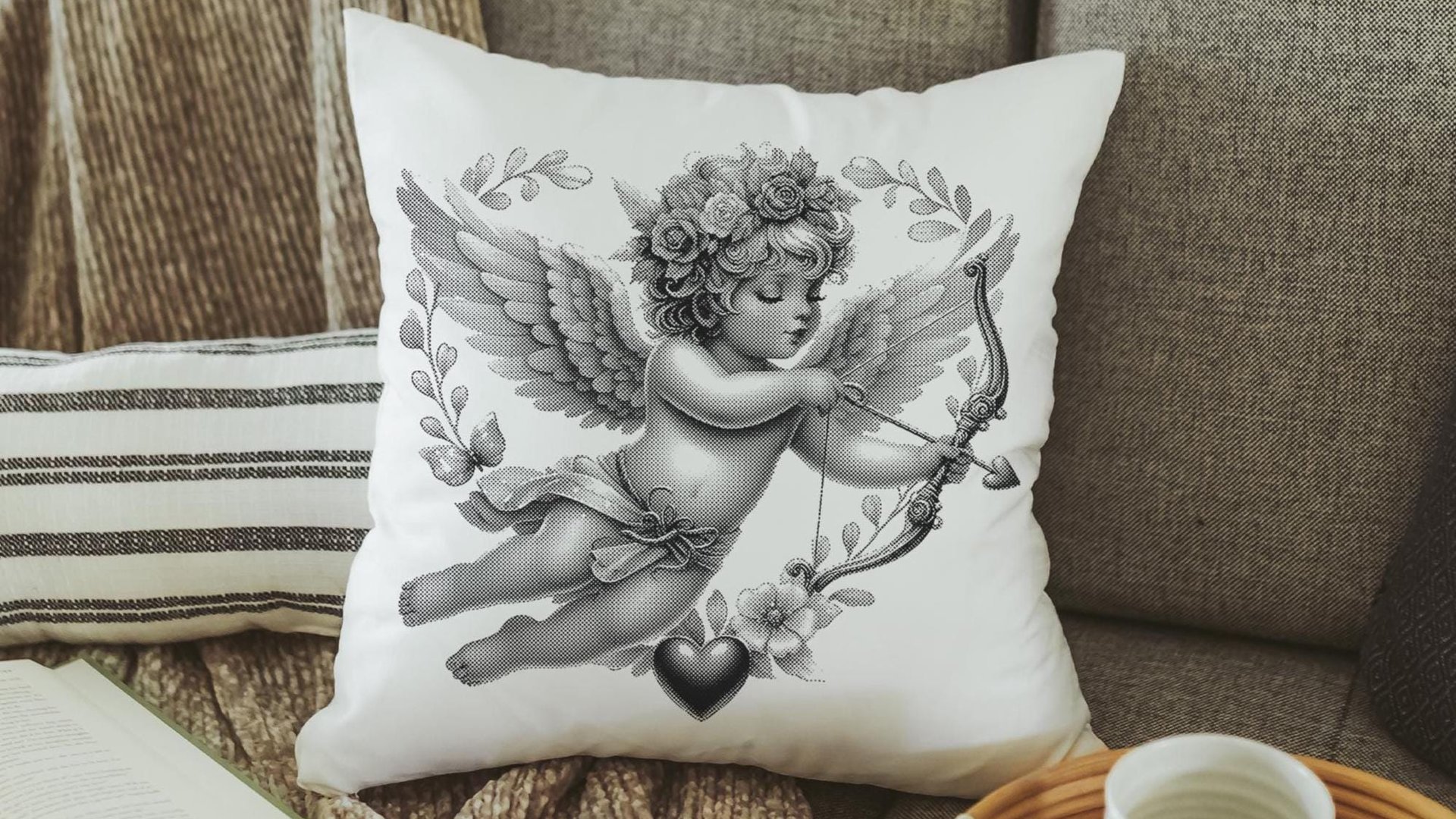 vintage cupid Valentines throw pillow covers 18x18, Galentines day gifts for friends, Valentines day decorative pillows for couch dorm decor