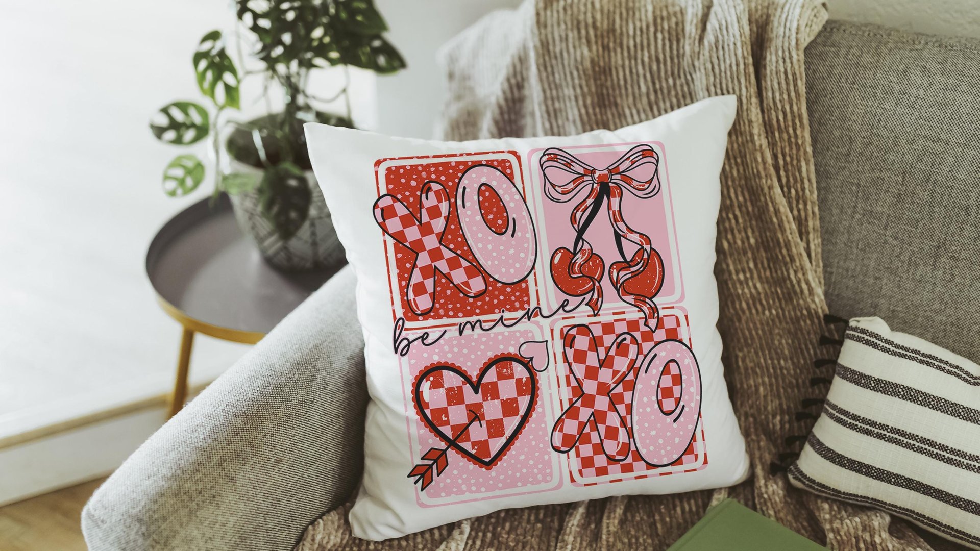 be mine throw pillows for couch red and pink checkered cherry decor, xoxo Valentines Day decorative pillow covers 18x18, Galentines day gift