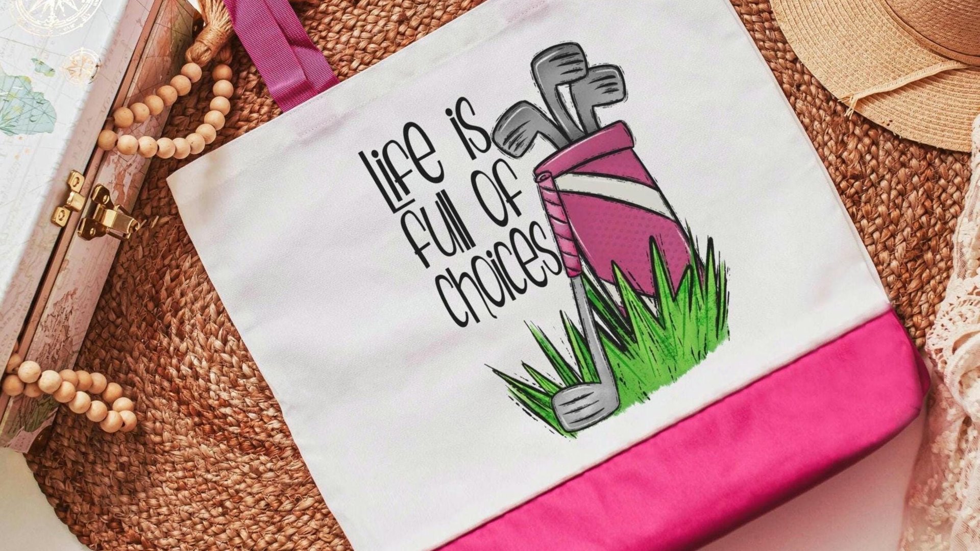 life is full of important choices golf tote bag for women, reusable shopping bag, cute golf gifts for her, lady golfer golfing tournament