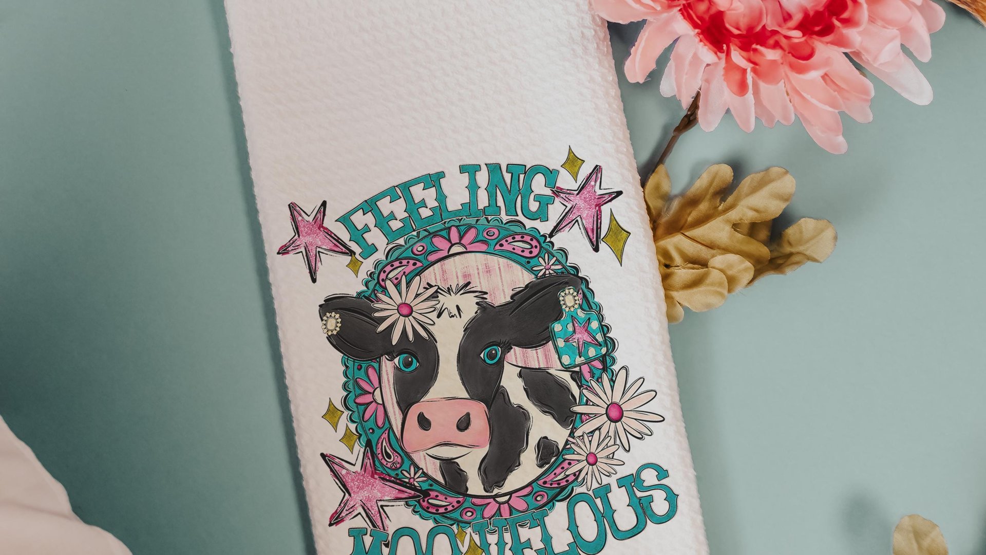 funny cow kitchen towels for gifts, cowgirl hand towel for guest bathroom, whimsical home decor gift for her, cute cow gifts for cow lovers