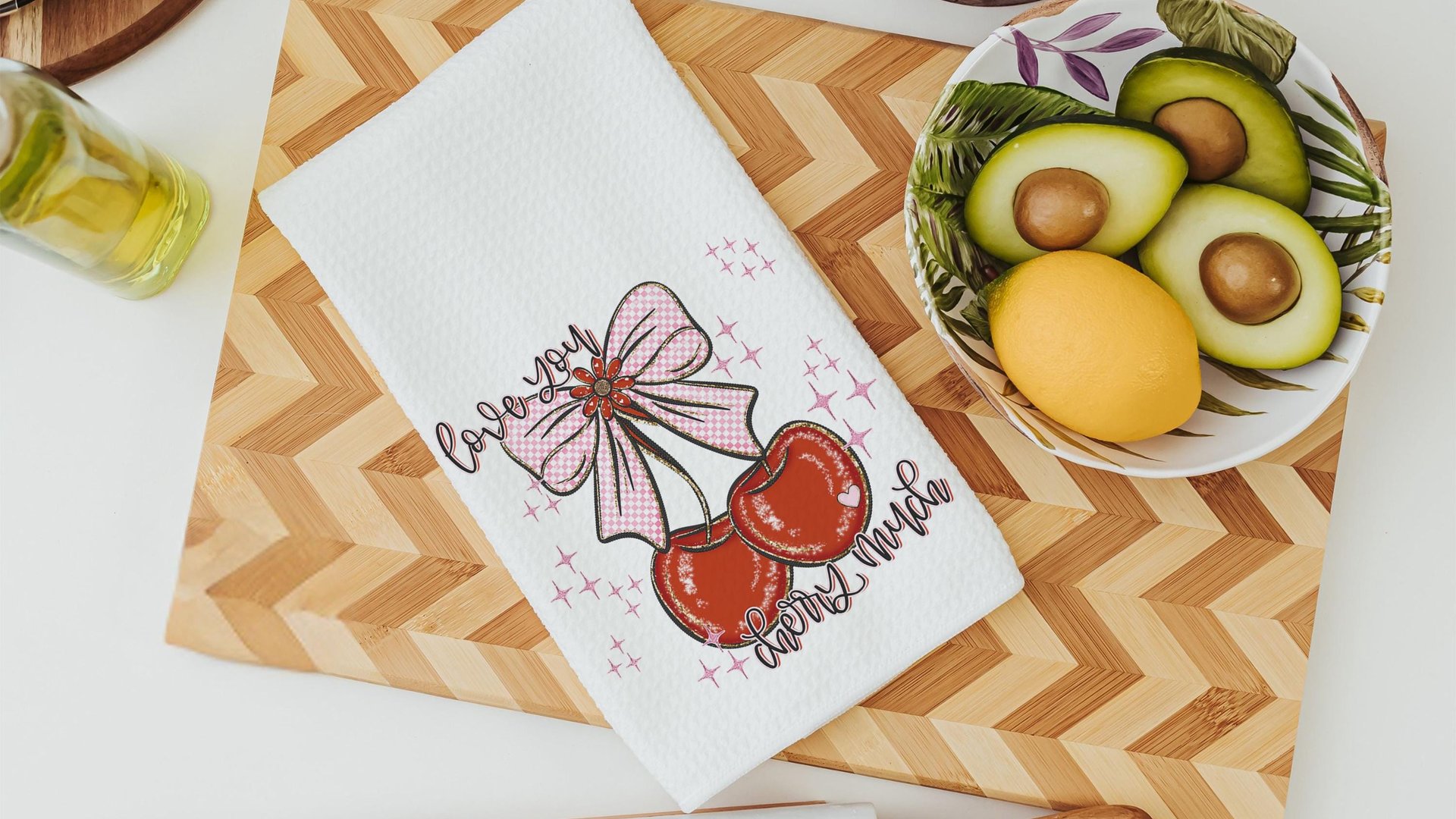 love you cherry much Valentines kitchen towels for daughter, red cherry kitchen decor, Galentines day gifts for friends, Valentines day