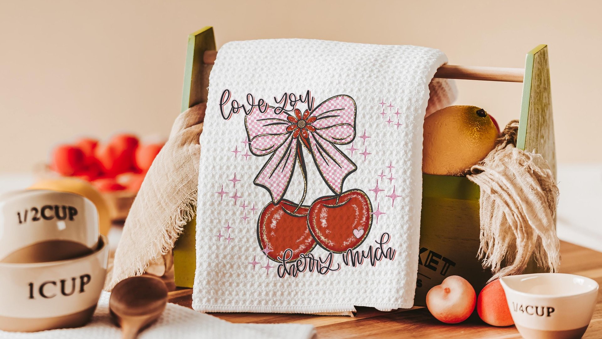 love you cherry much Valentines kitchen towels for daughter, red cherry kitchen decor, Galentines day gifts for friends, Valentines day
