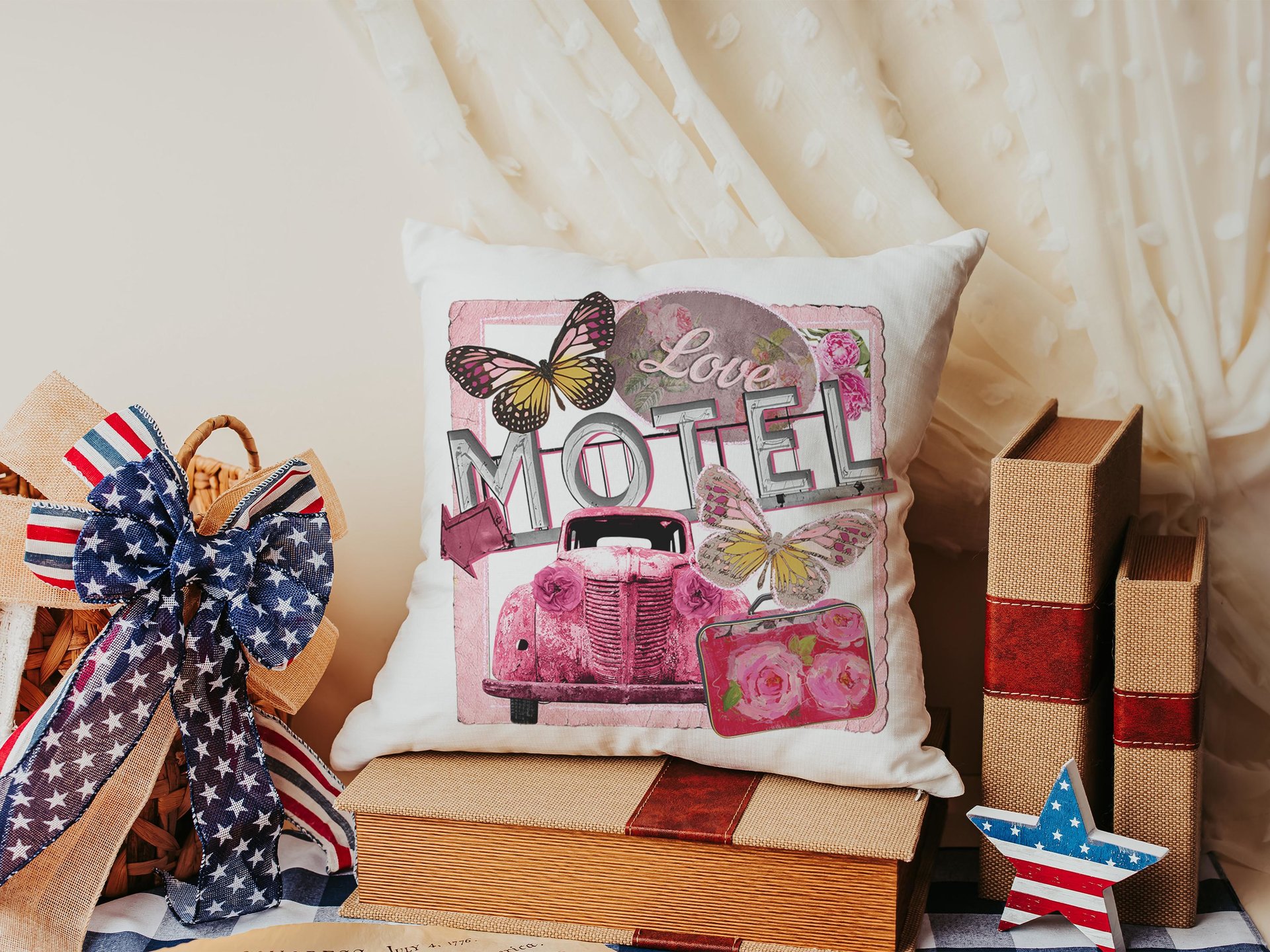 Retro motel love throw pillows
