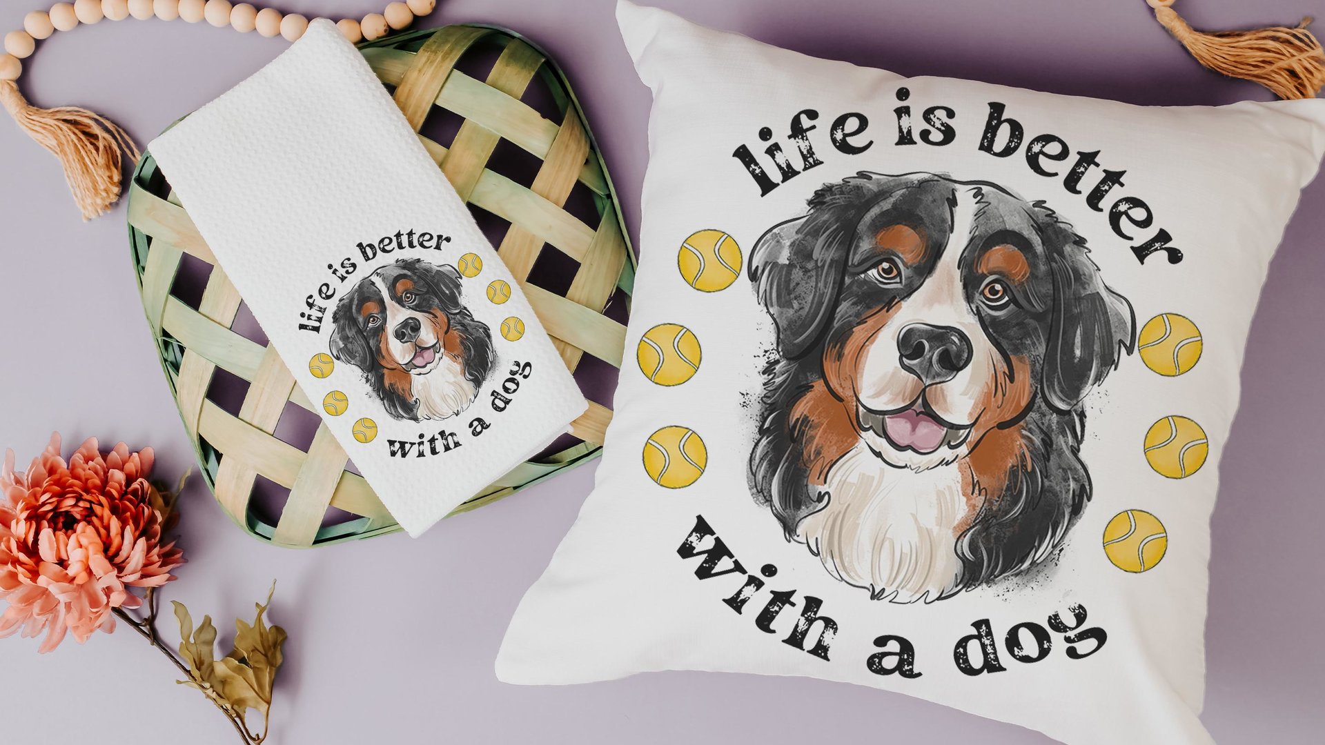 Life is better with a dog throw pillow & towel