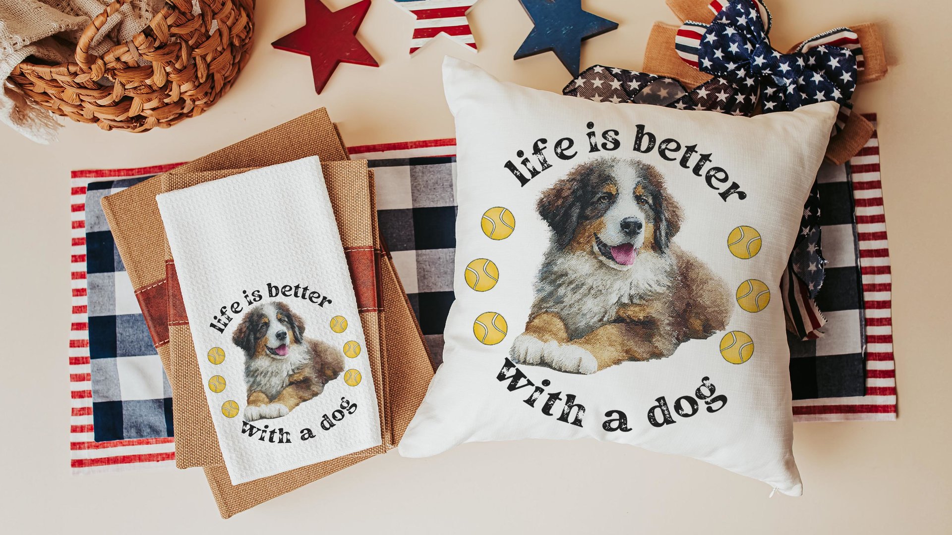 Life is better with dogs throw pillows & towels