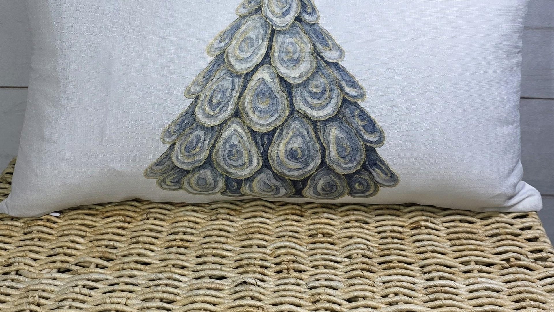 coastal Christmas tree throw pillows for guest room, beach Christmas gifts for neighbors, oyster shell decorative pillows for sofa, holiday