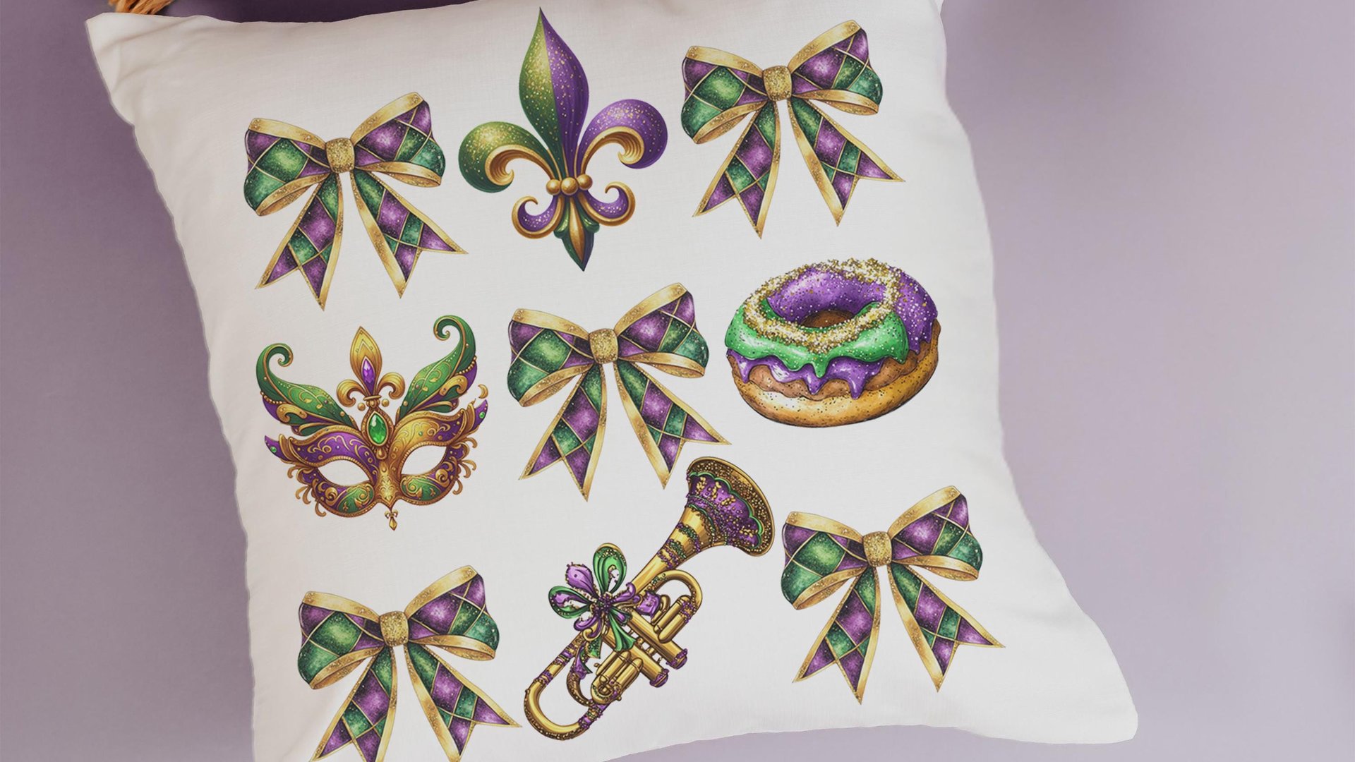 Mardi Gras throw pillow for green couch, Fat Tuesday decorative pillow cover 18x18, king cake pillow for realtors, Louisiana gifts for women