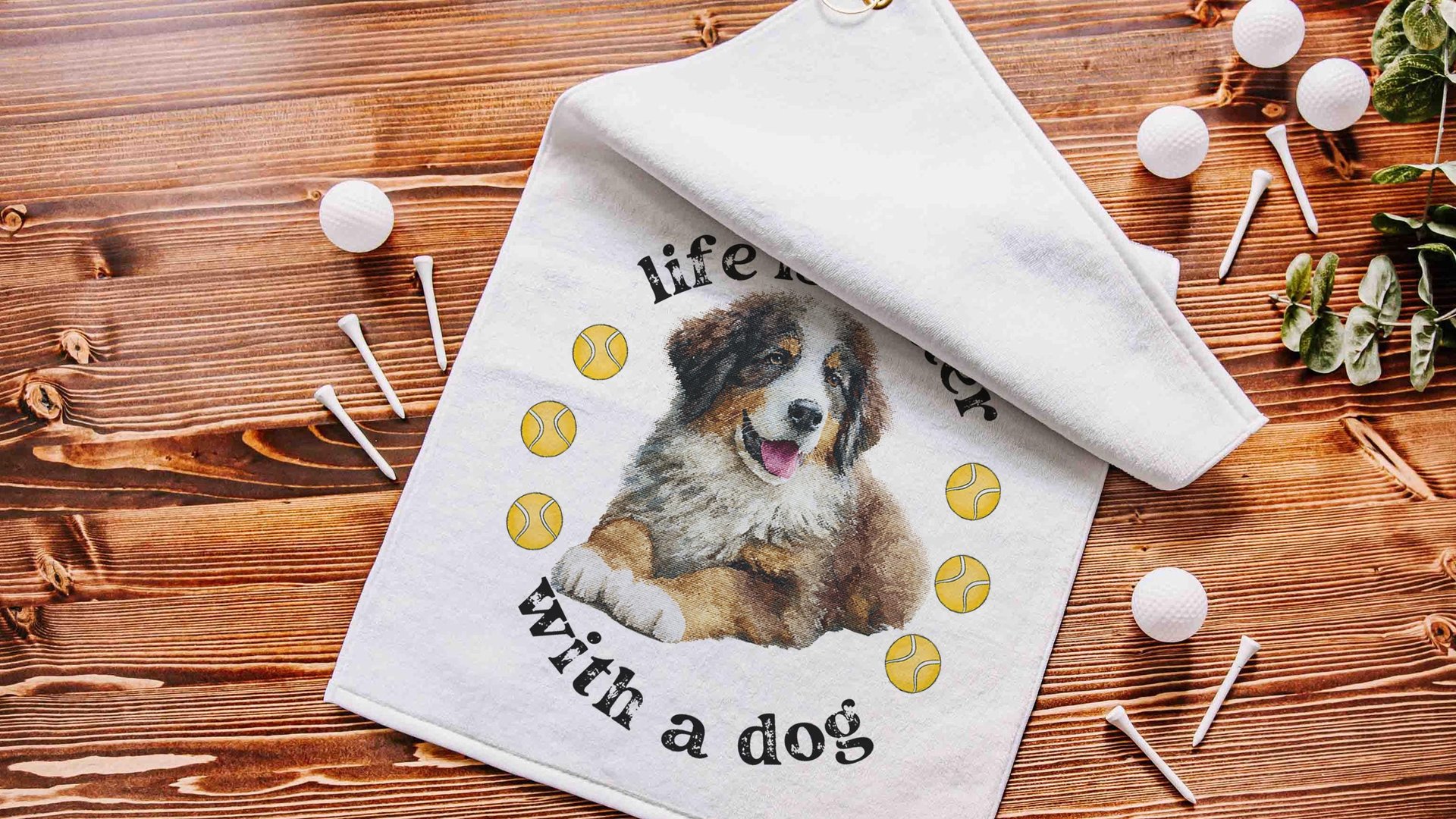 life is better with a dog tennis towel, Bernese mountain dog sweat towel with loop, best gifts for dog lovers, gym bag accessories, unique