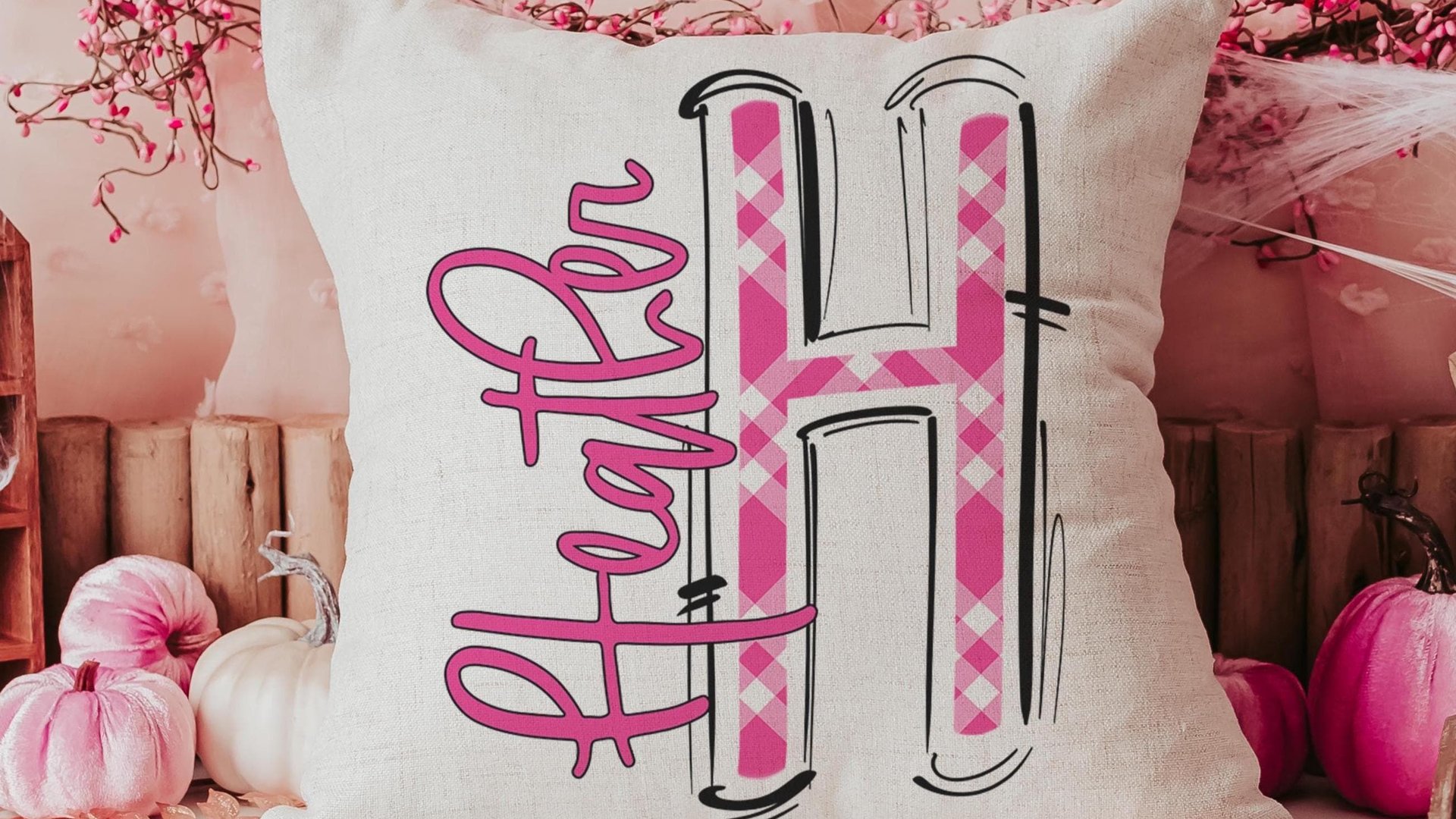 personalized pink plaid throw pillow with name, new home gifts for girls, teenage girl bedroom decor, tween girl birthday gifts, initial