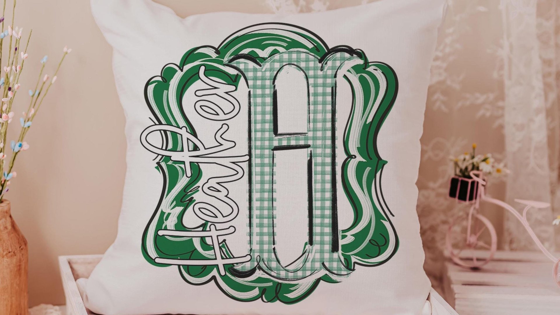 personalized initial throw pillow for couch blue gingham decorative pillows for girls, Carolina blue home decor gift dorm decor, name pillow