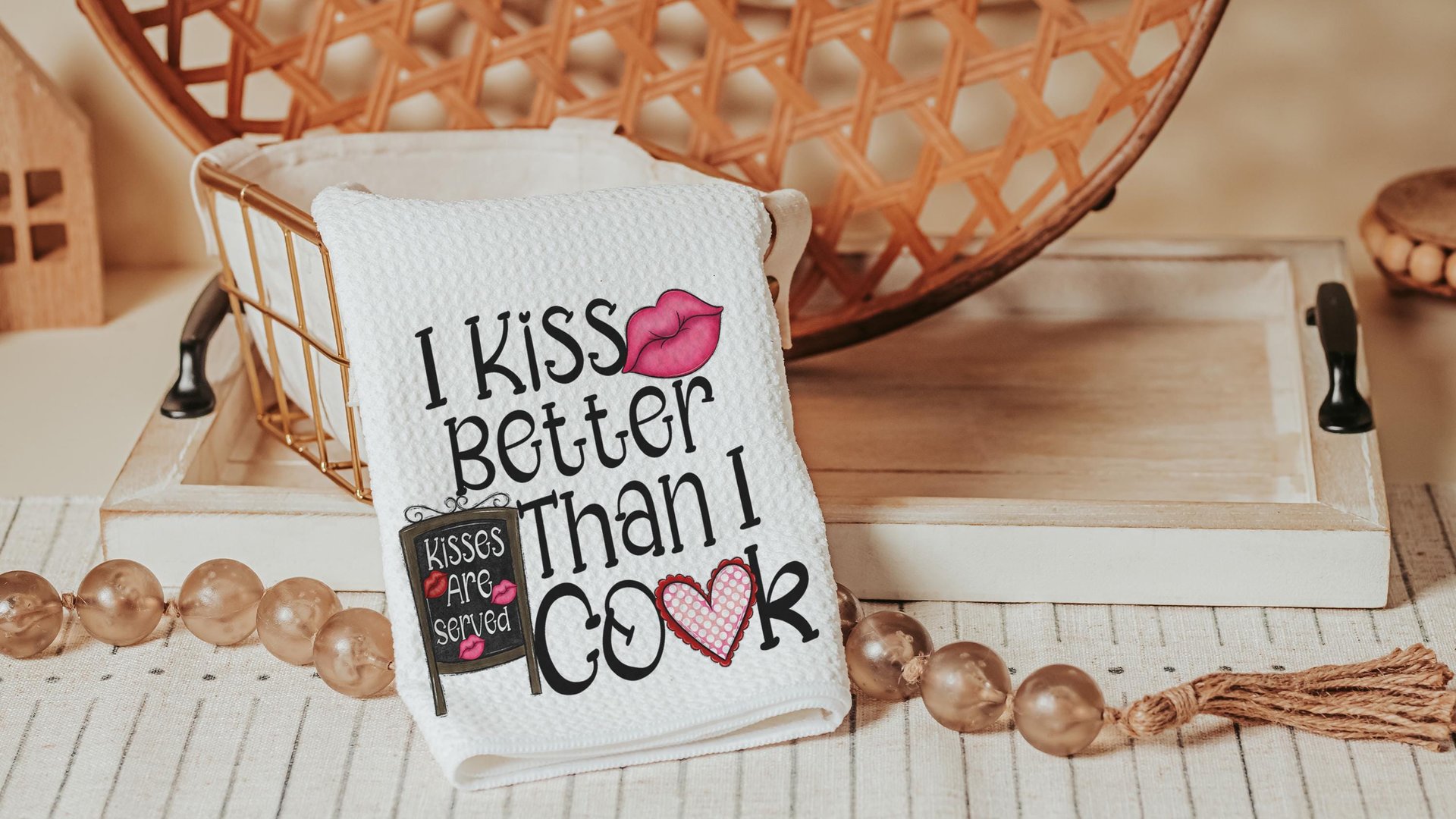 I kiss better than I cook funny kitchen hand towels for wedding gift, Valentines Day kitchen towel for chef, cute Valentines gifts for wife