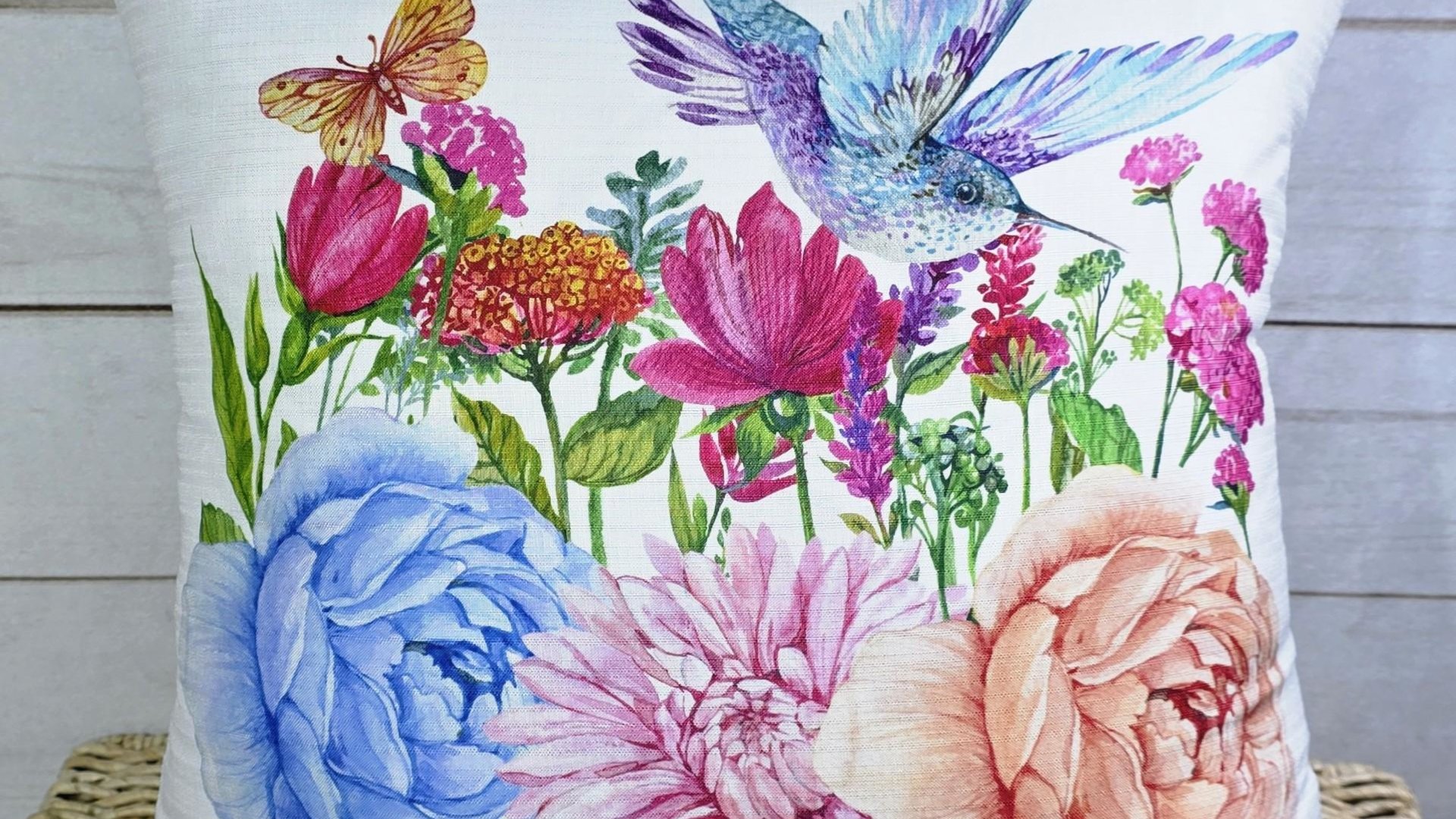 hummingbird throw pillow for Spring decor for home, hummingbird gifts for mom, trendy Mothers day gifts for step mom, wildflower throw