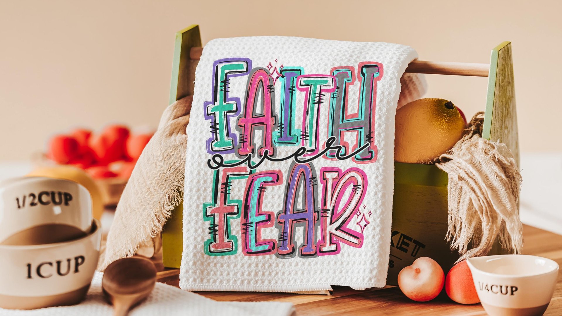 faith over fear Christian kitchen towels for gifts, colorful decorative hand towels for guest bath, faith gifts for sister, Easter hostess