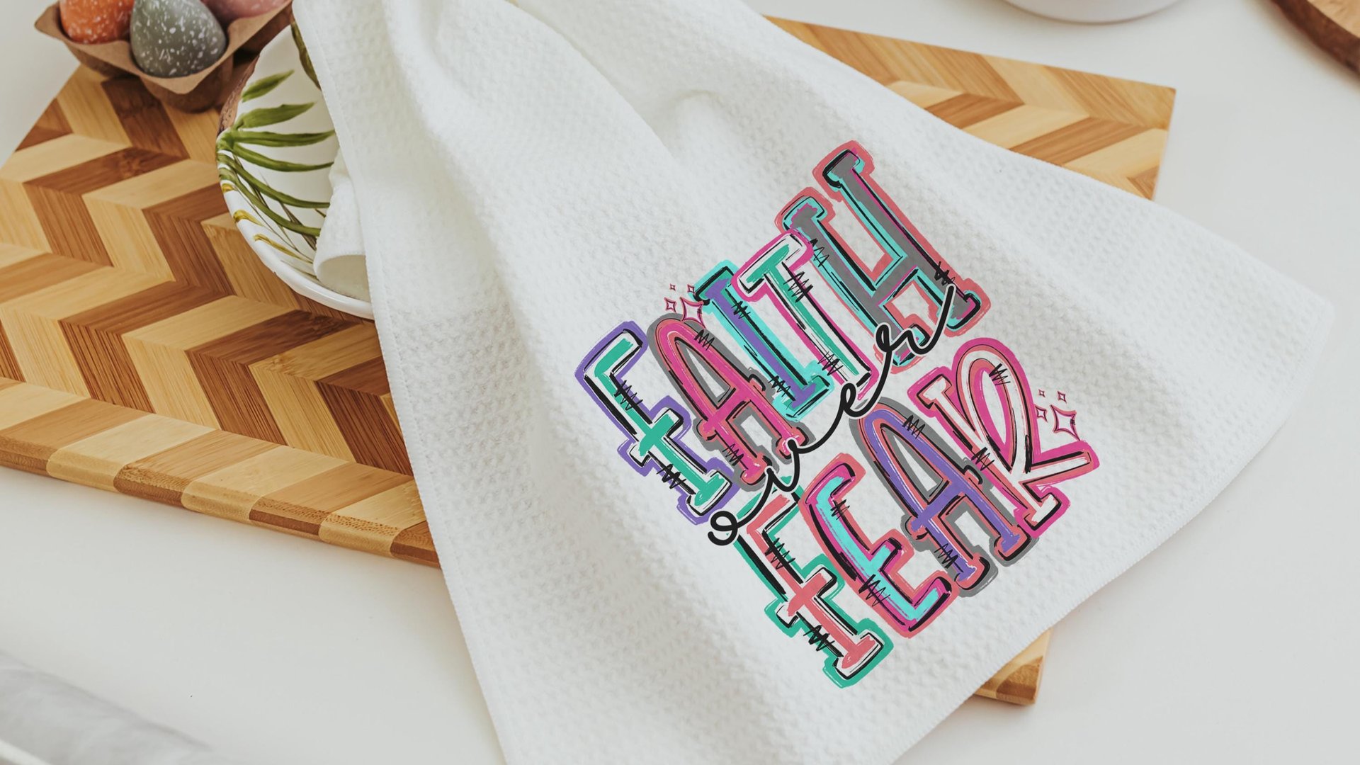 faith over fear Christian kitchen towels for gifts, colorful decorative hand towels for guest bath, faith gifts for sister, Easter hostess