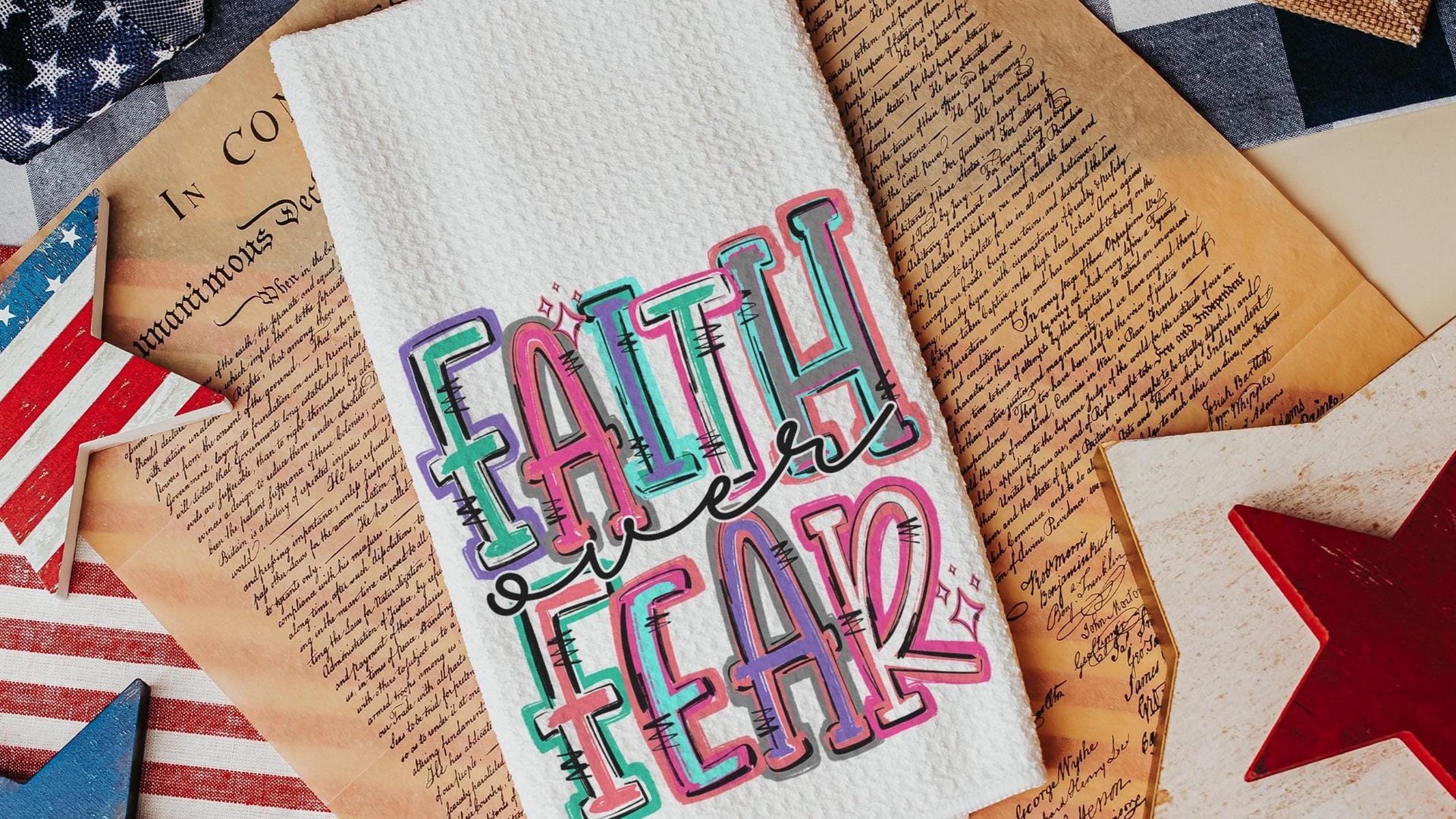 faith over fear Christian kitchen towels for gifts, colorful decorative hand towels for guest bath, faith gifts for sister, Easter hostess