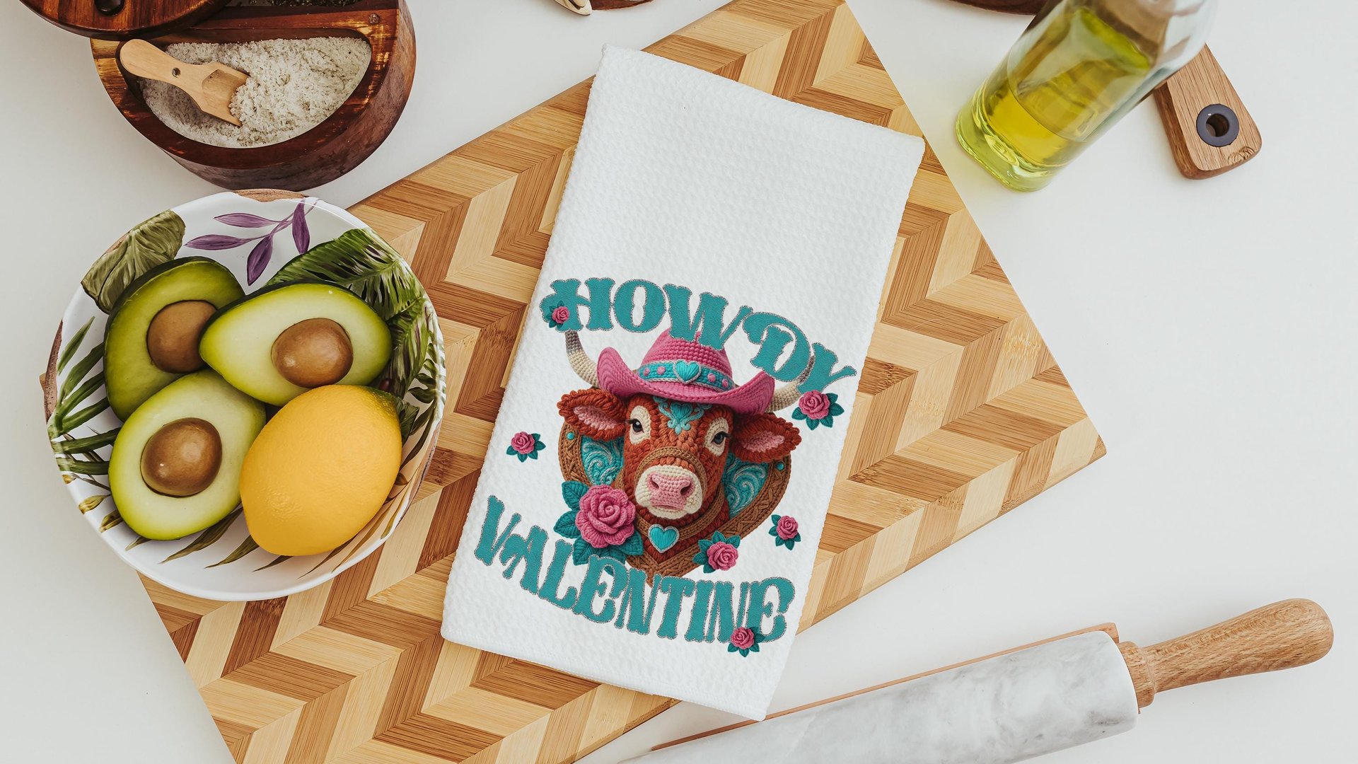 cowgirl Valentines hand towels for besties, cute cow gifts for cow lovers, funny kitchen towels for couples, Howdy Valentines day gifts for