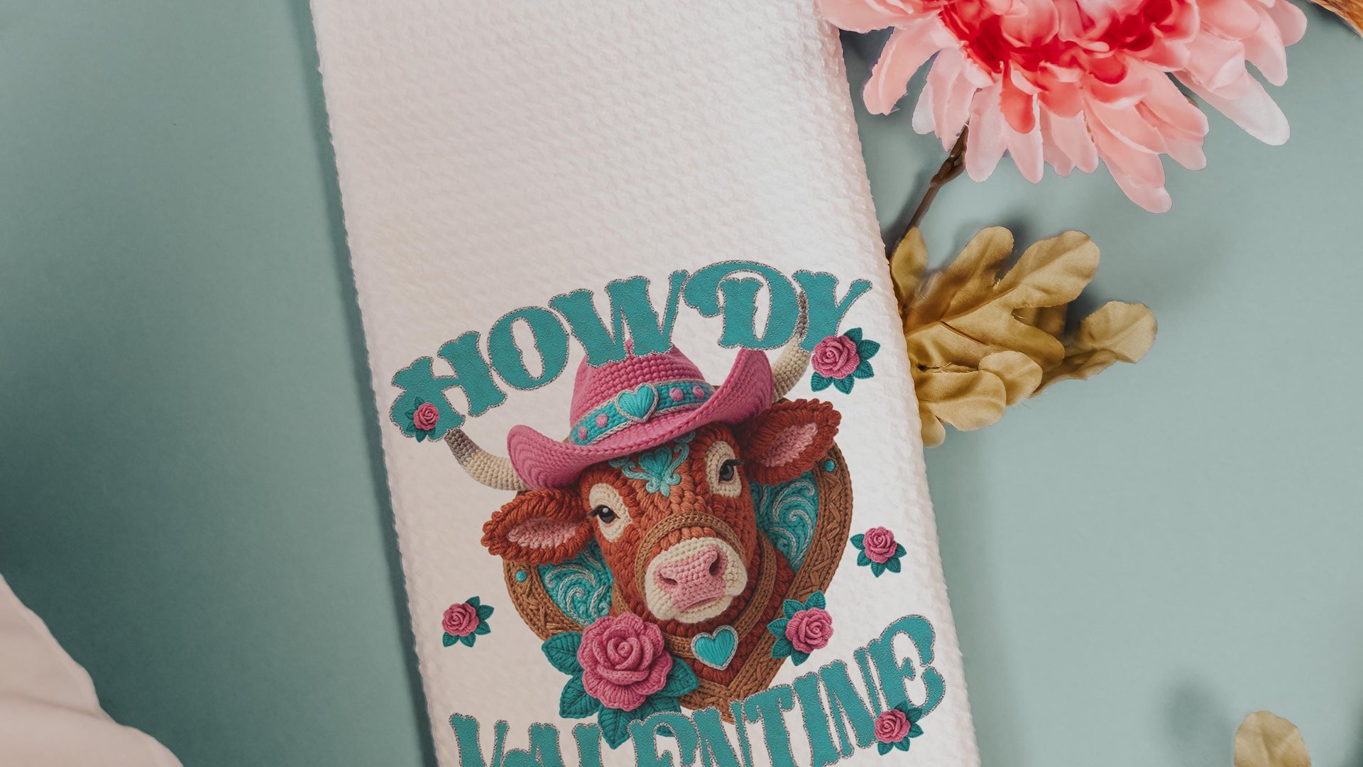 cowgirl Valentines hand towels for besties, cute cow gifts for cow lovers, funny kitchen towels for couples, Howdy Valentines day gifts for
