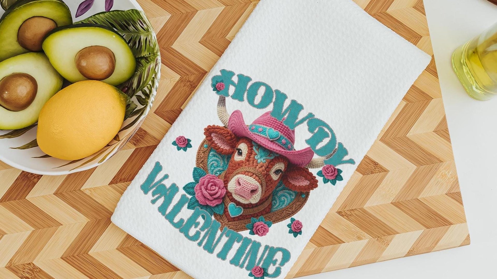 cowgirl Valentines hand towels for besties, cute cow gifts for cow lovers, funny kitchen towels for couples, Howdy Valentines day gifts for