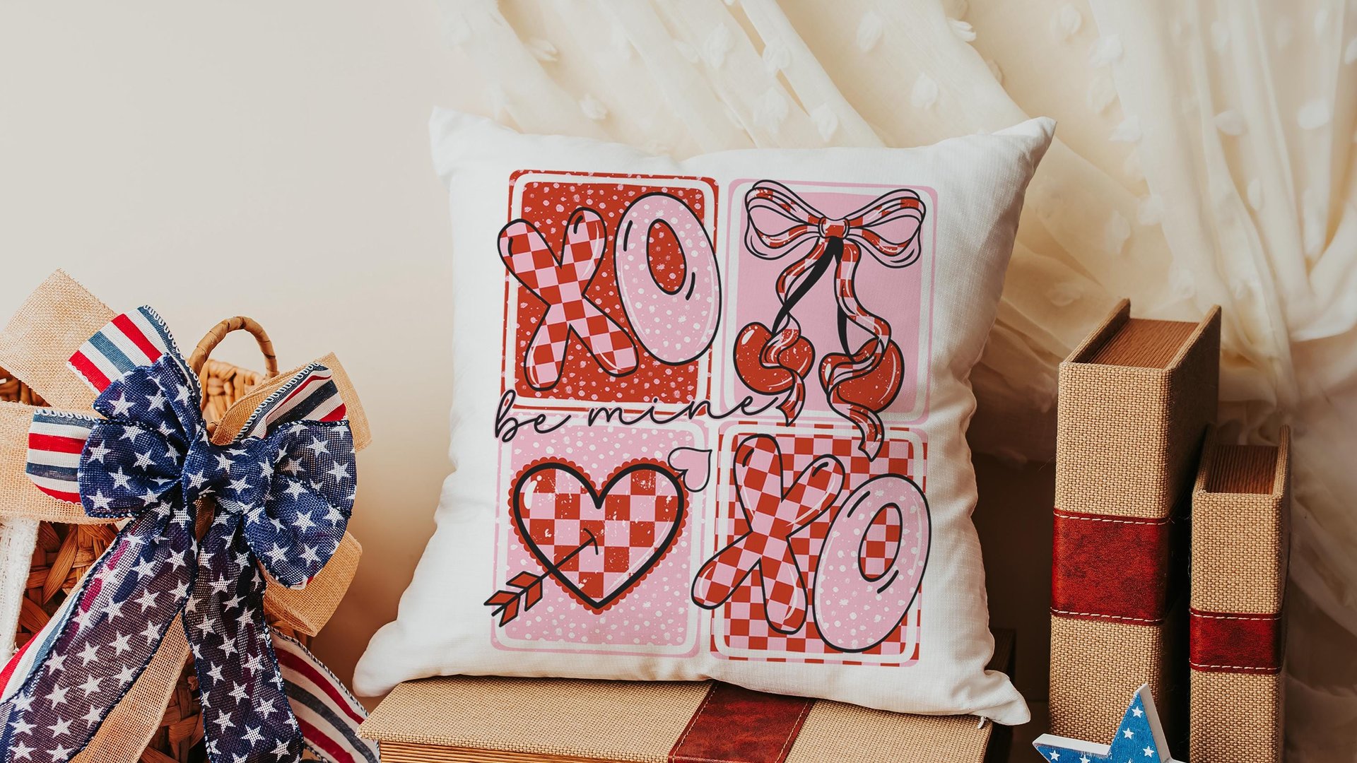 be mine throw pillows for couch red and pink checkered cherry decor, xoxo Valentines Day decorative pillow covers 18x18, Galentines day gift