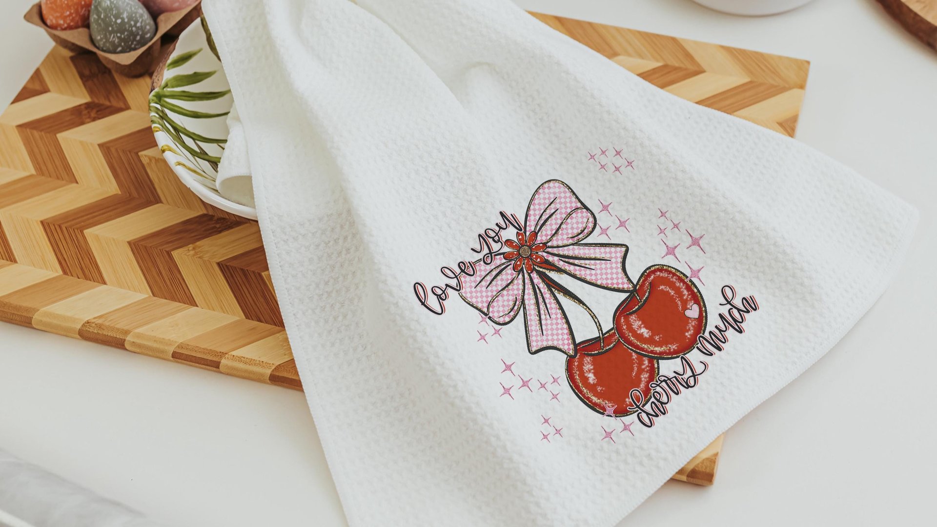 love you cherry much Valentines kitchen towels for daughter, red cherry kitchen decor, Galentines day gifts for friends, Valentines day