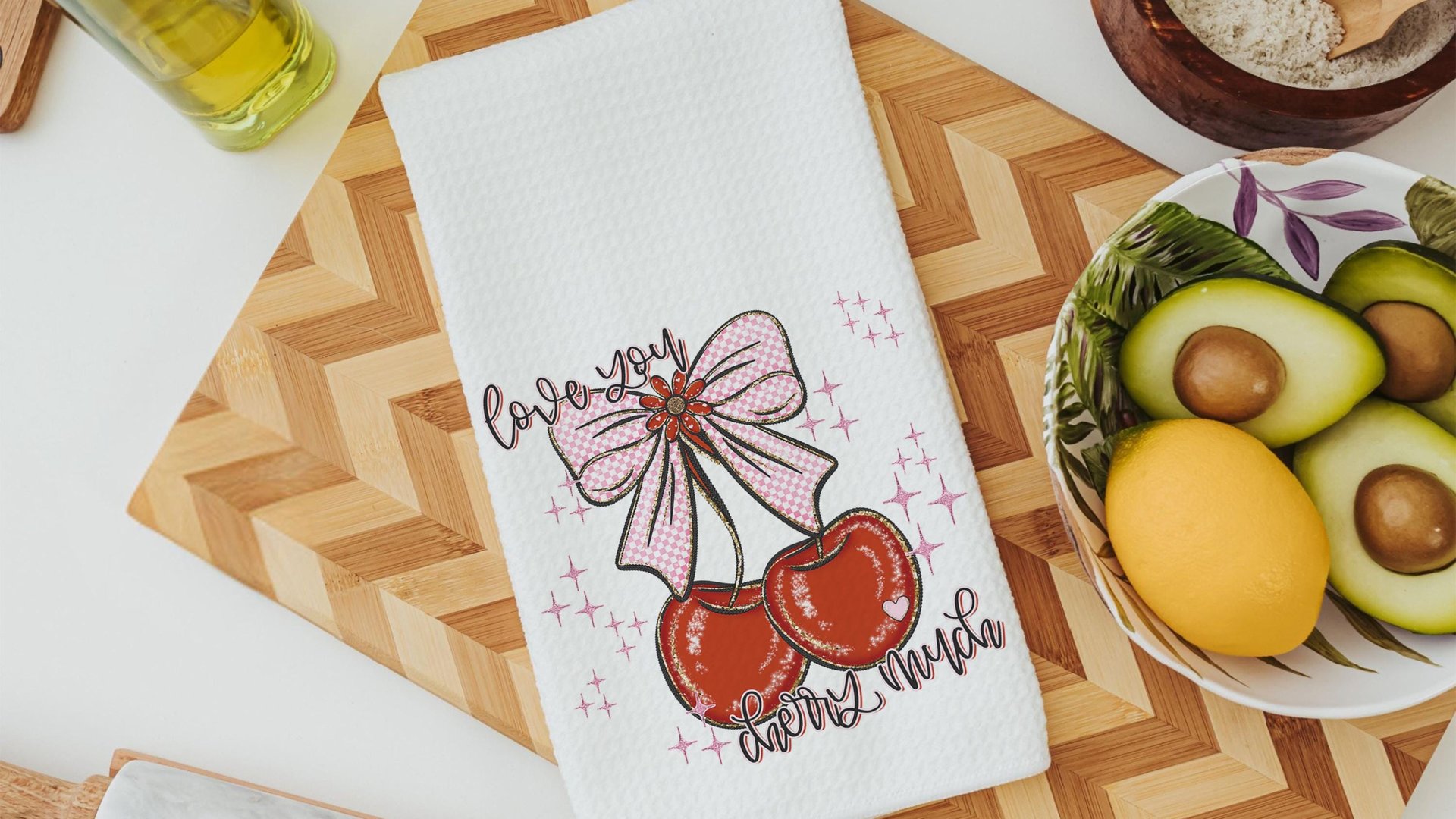 love you cherry much Valentines kitchen towels for daughter, red cherry kitchen decor, Galentines day gifts for friends, Valentines day