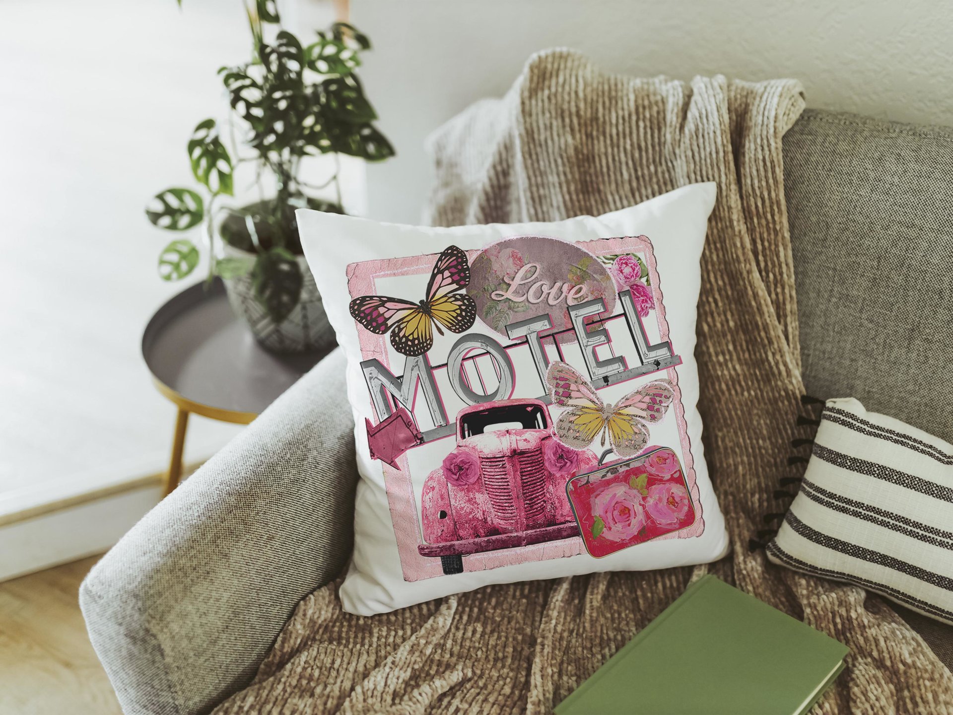 Retro motel love throw pillows