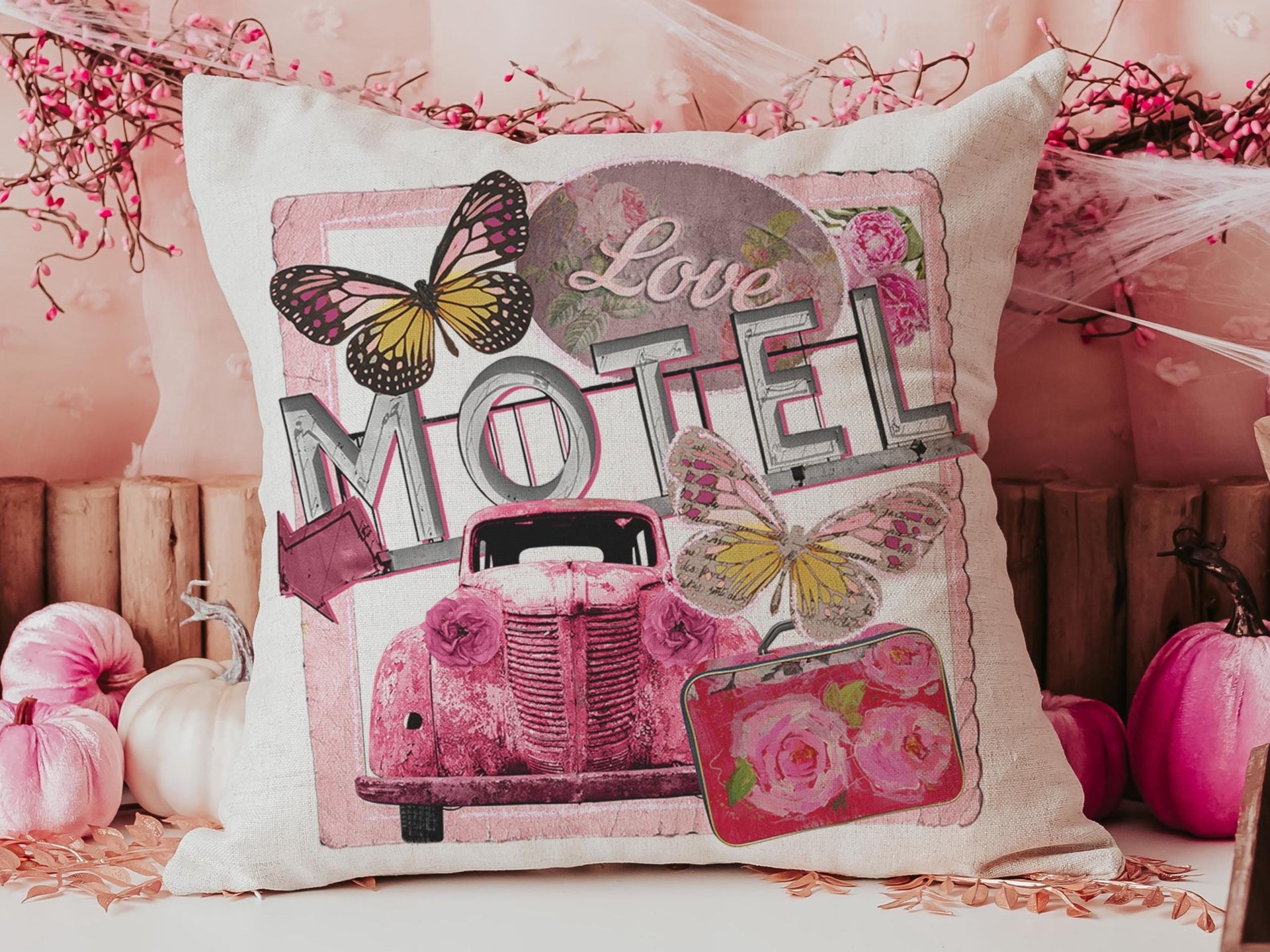 Retro motel love throw pillows