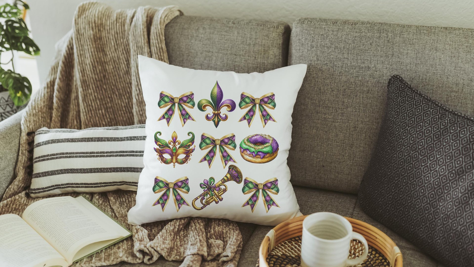 Mardi Gras throw pillow for green couch, Fat Tuesday decorative pillow cover 18x18, king cake pillow for realtors, Louisiana gifts for women