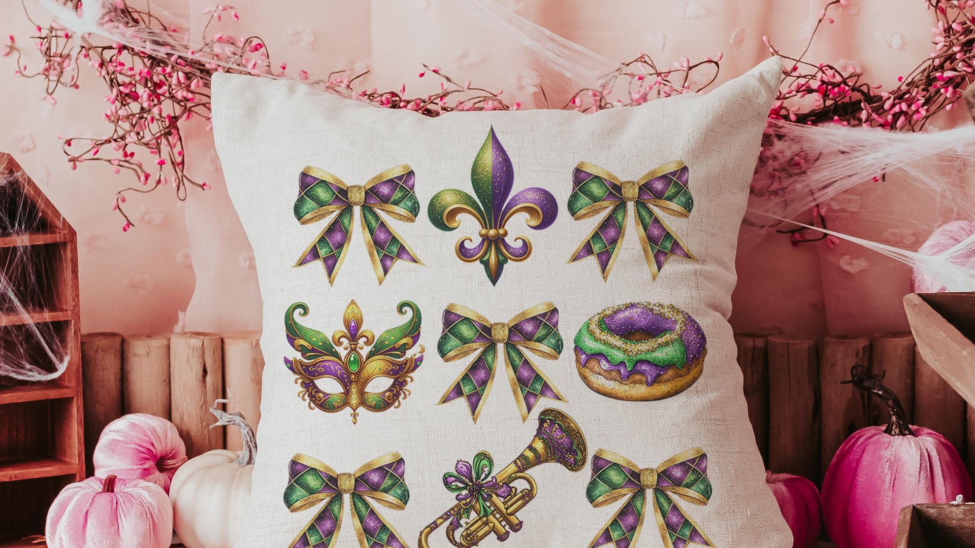 Mardi Gras throw pillow for green couch, Fat Tuesday decorative pillow cover 18x18, king cake pillow for realtors, Louisiana gifts for women