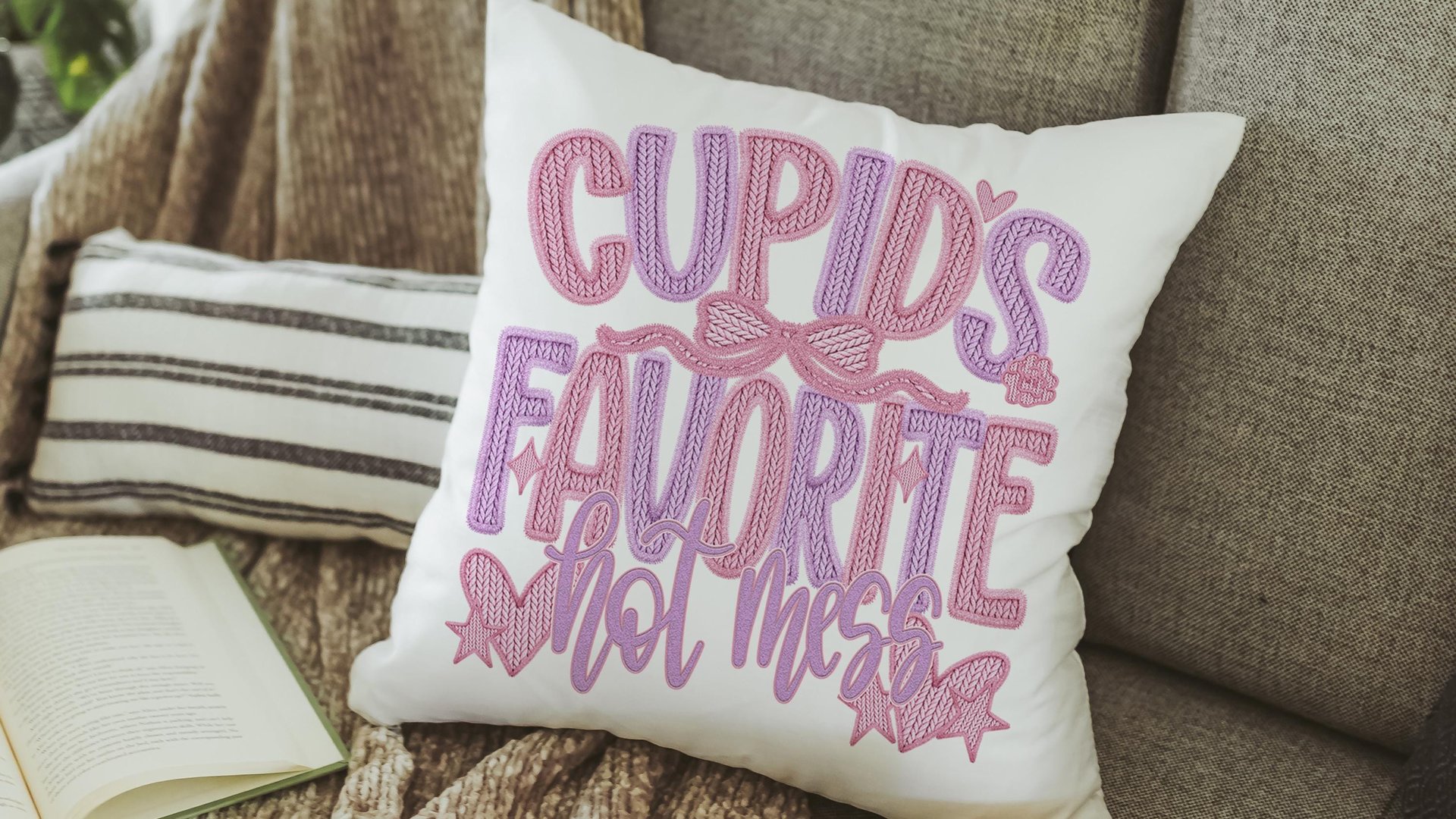 cupids favorite hot mess funny throw pillows for couch, bestie gifts for women, sarcastic Valentines day best selling gifts Etsy shops, faux