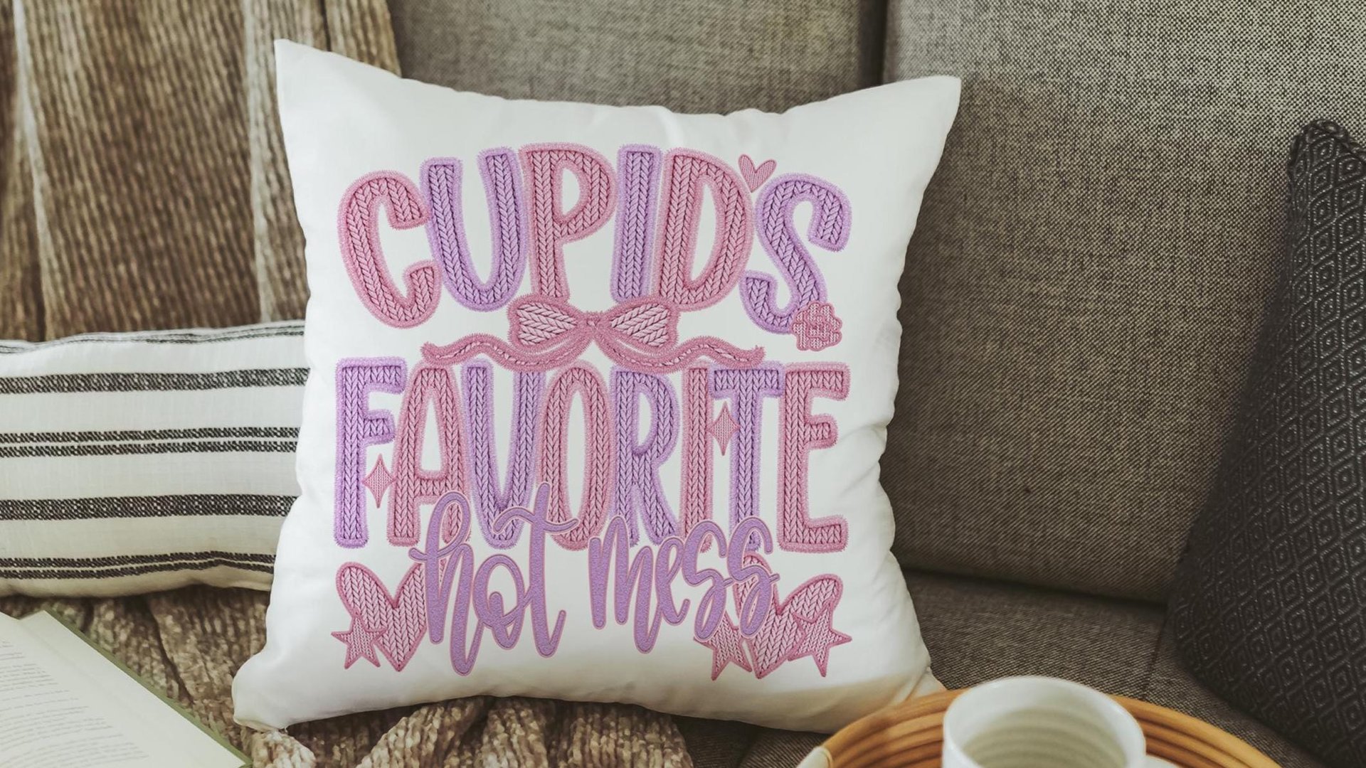 cupids favorite hot mess funny throw pillows for couch, bestie gifts for women, sarcastic Valentines day best selling gifts Etsy shops, faux