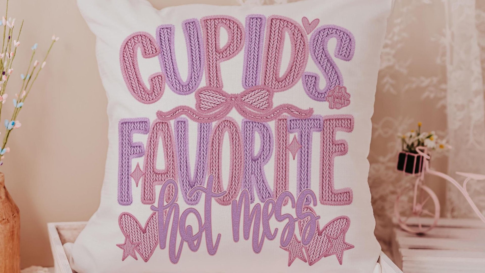 cupids favorite hot mess funny throw pillows for couch, bestie gifts for women, sarcastic Valentines day best selling gifts Etsy shops, faux