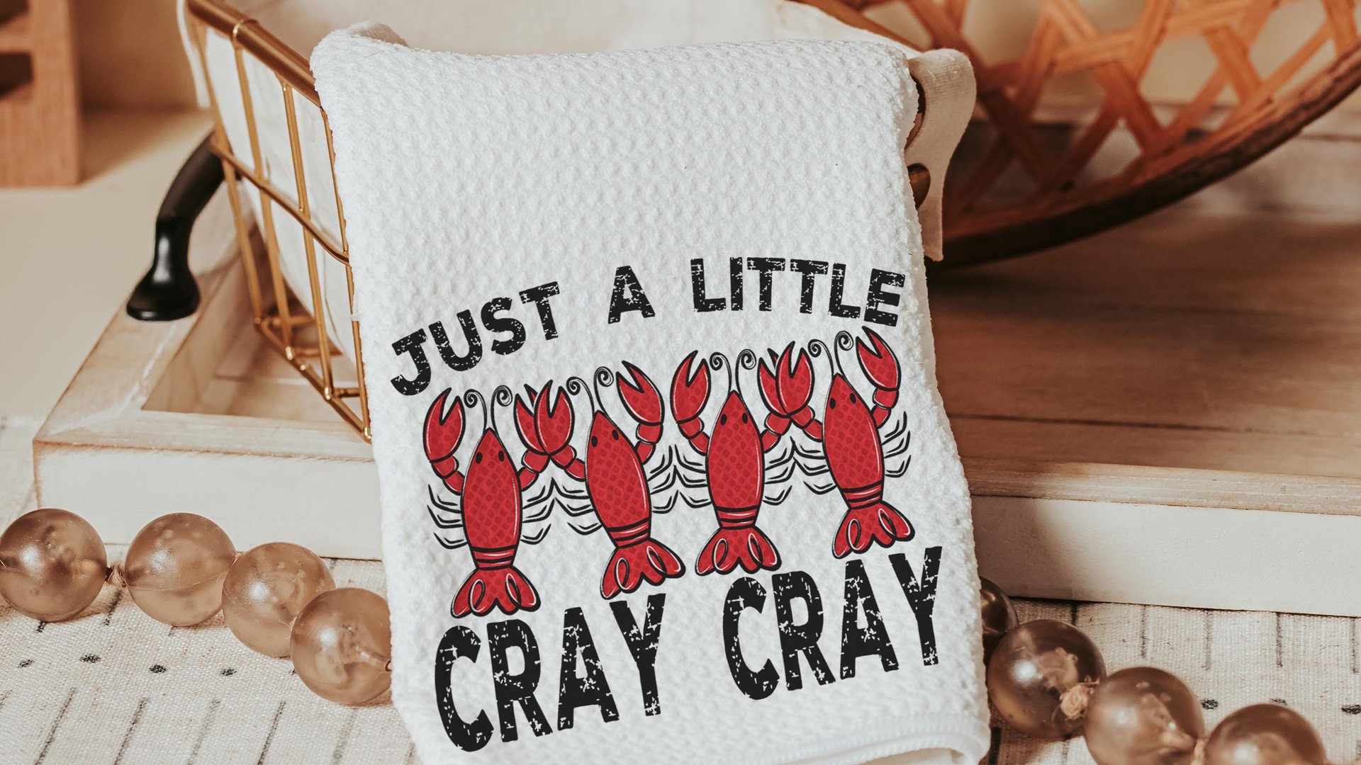 just a little cray cray funny kitchen towels for women, foodie gifts cute crawfish hand towels for besties, crawfish boil party decor, Cajun