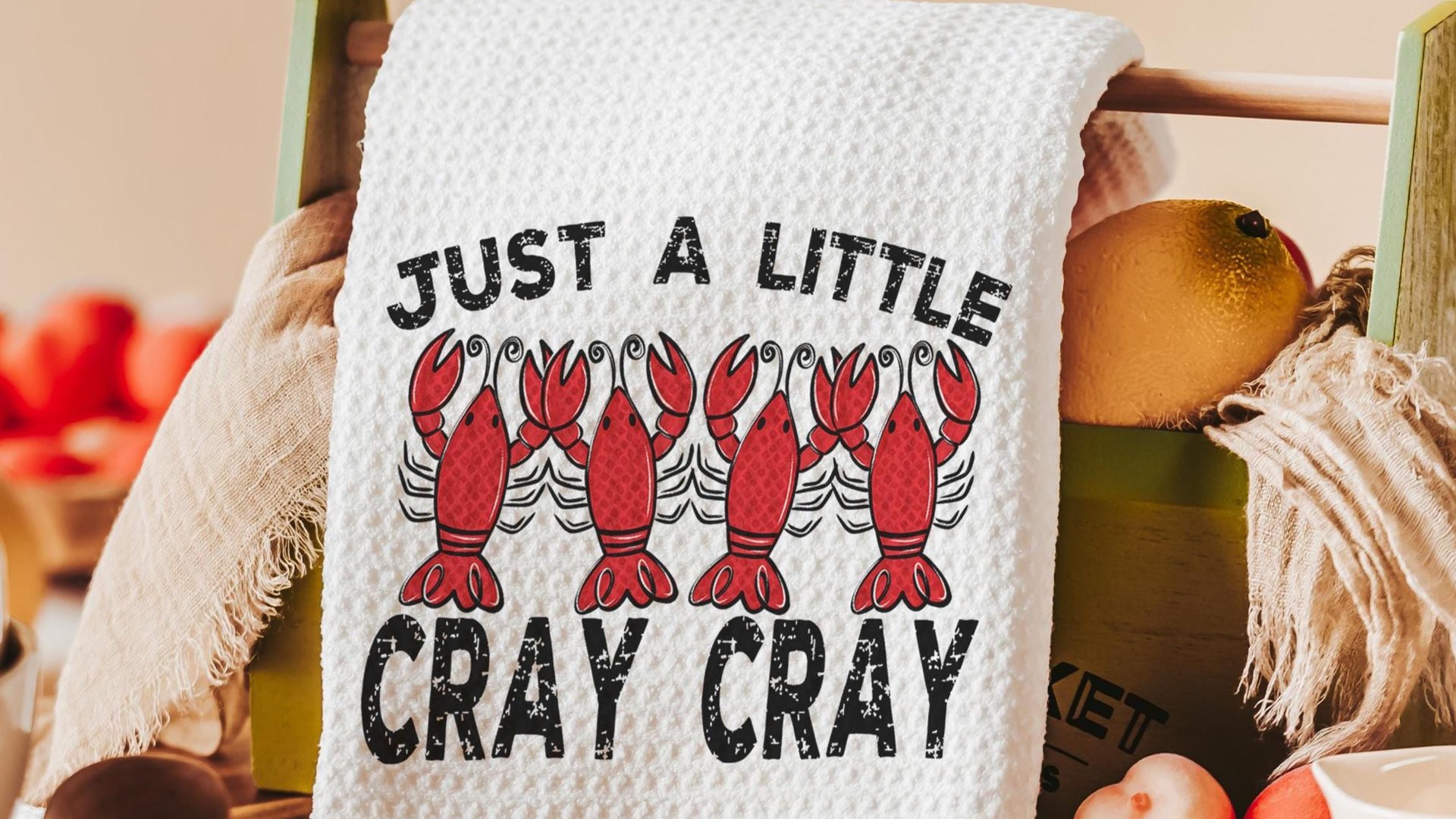 just a little cray cray funny kitchen towels for women, foodie gifts cute crawfish hand towels for besties, crawfish boil party decor, Cajun
