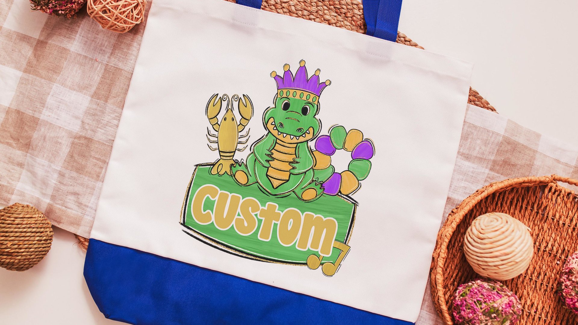personalized Mardi Gras alligator tote bag for boys, Louisiana gator gifts for kids, carnival parade bag with name, king cake baker merch
