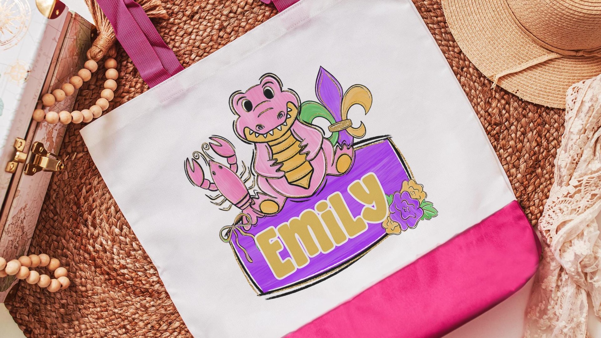 personalized Mardi Gras alligator tote bag for boys, Louisiana gator gifts for kids, carnival parade bag with name, king cake baker merch