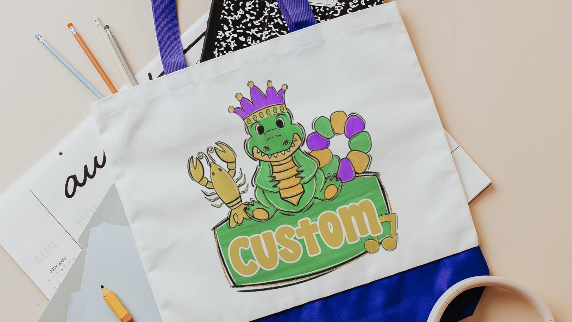 personalized Mardi Gras alligator tote bag for boys, Louisiana gator gifts for kids, carnival parade bag with name, king cake baker merch