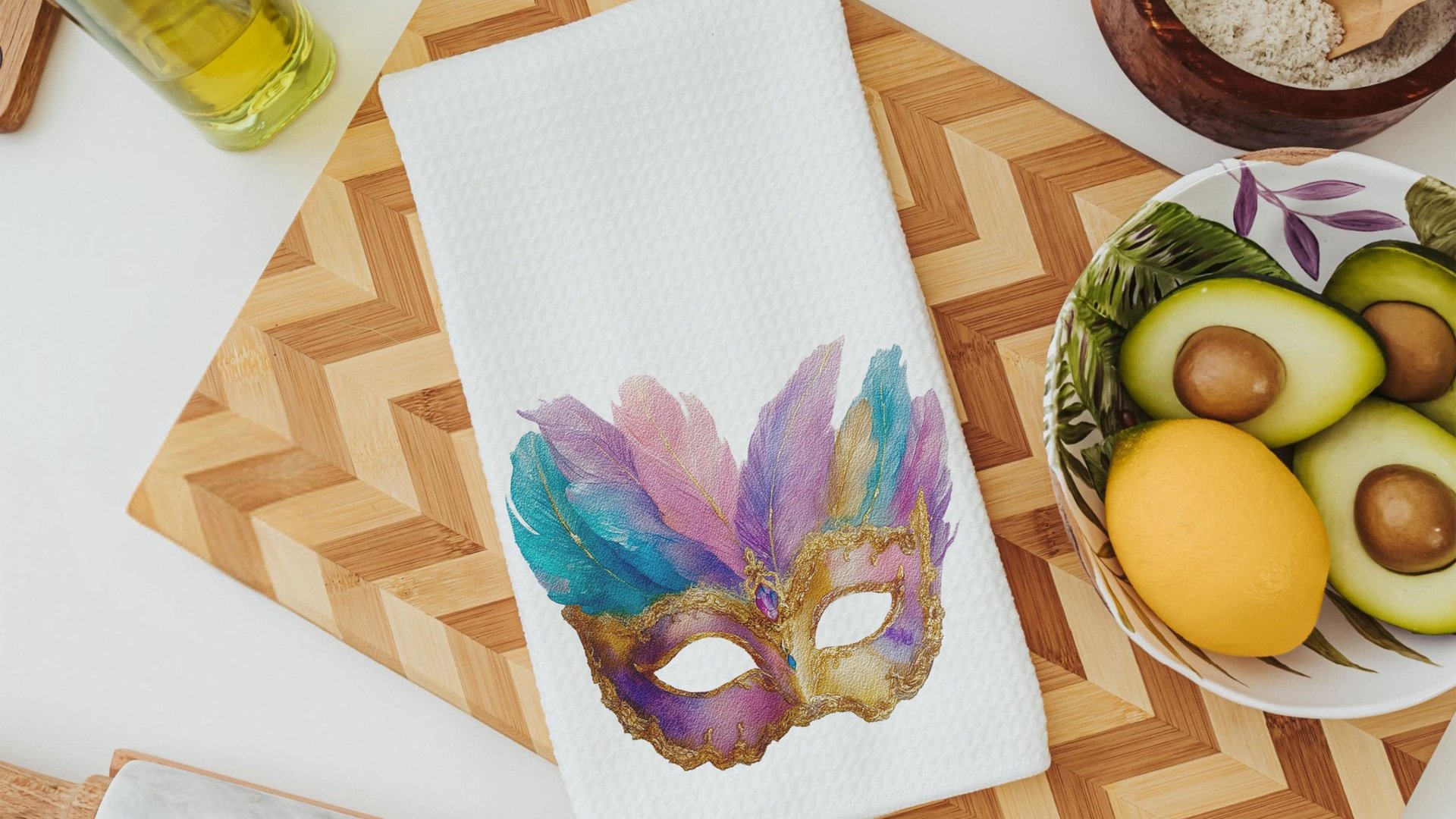 Mardi Gras carnival mask kitchen towels for gifts, watercolor fleur de lis hand towels for every season, Fat Tuesday decor, unique gifts for