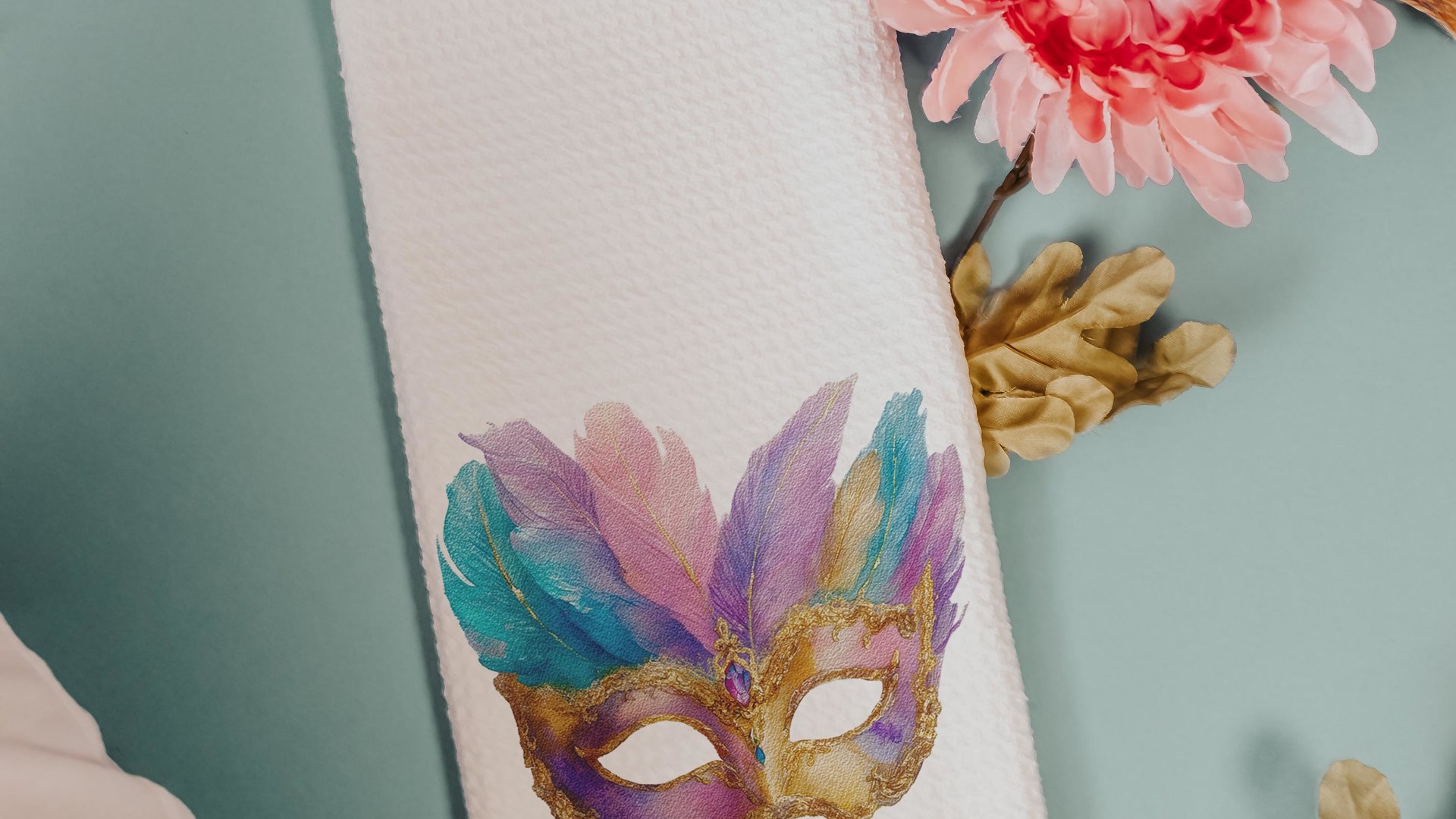 Mardi Gras carnival mask kitchen towels for gifts, watercolor fleur de lis hand towels for every season, Fat Tuesday decor, unique gifts for