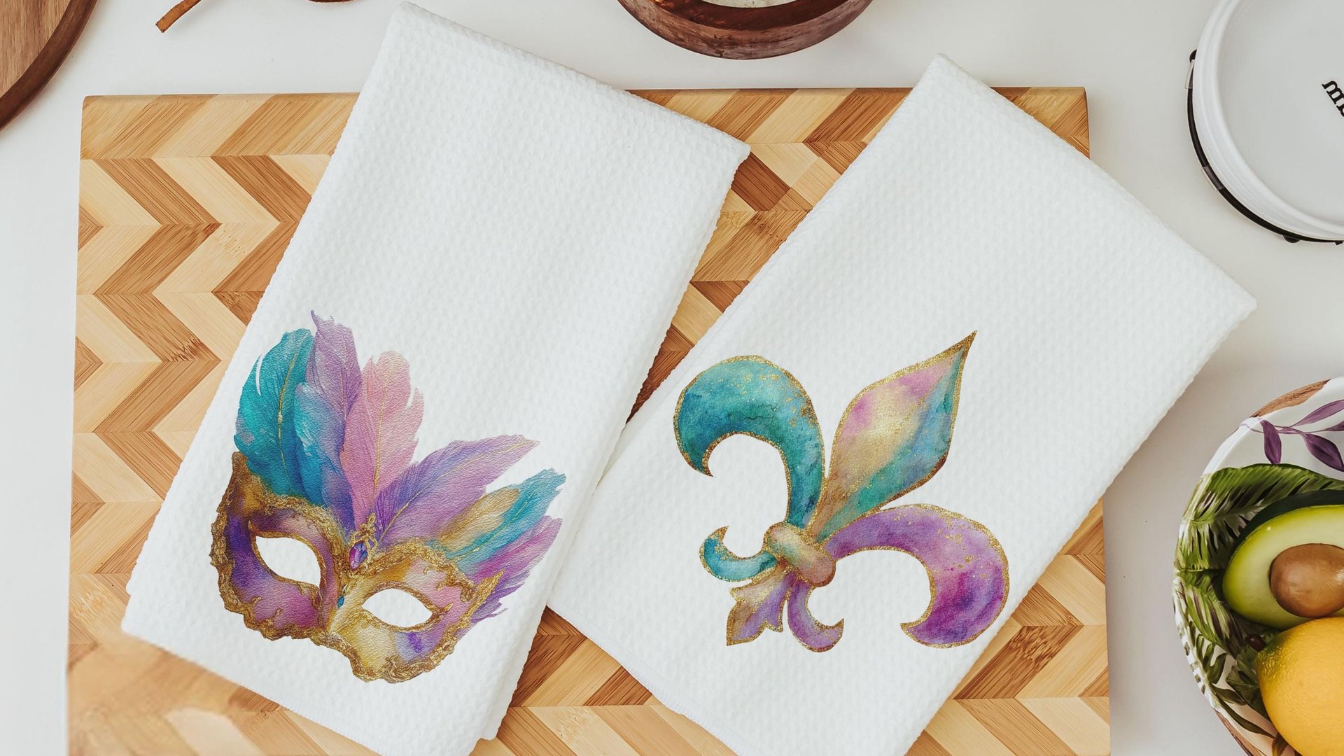Mardi Gras carnival mask kitchen towels for gifts, watercolor fleur de lis hand towels for every season, Fat Tuesday decor, unique gifts for