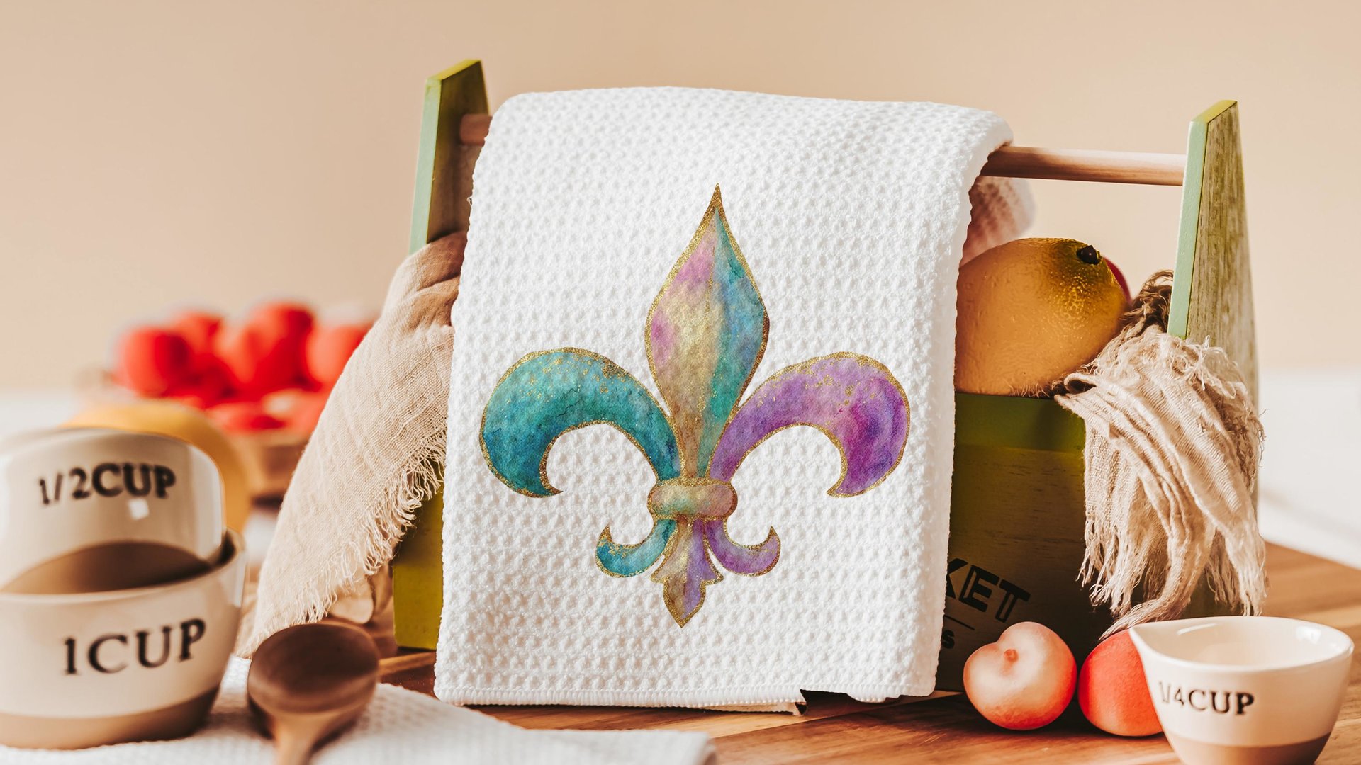 Mardi Gras carnival mask kitchen towels for gifts, watercolor fleur de lis hand towels for every season, Fat Tuesday decor, unique gifts for