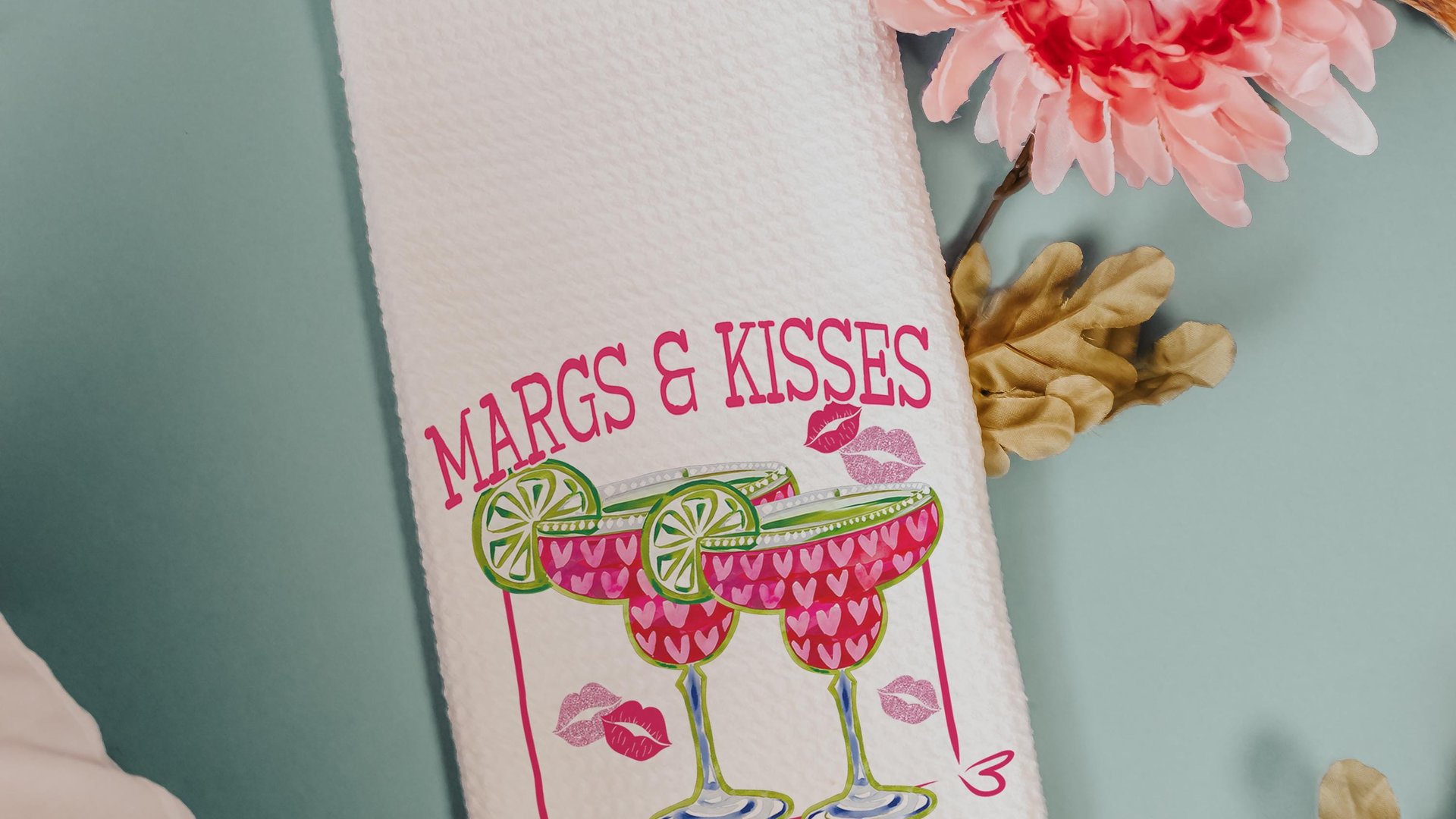 margs and kisses bar towels, Valentines day gift for adult daughter, margarita bar bachelorette favors for bridesmaids, Valentines kitchen