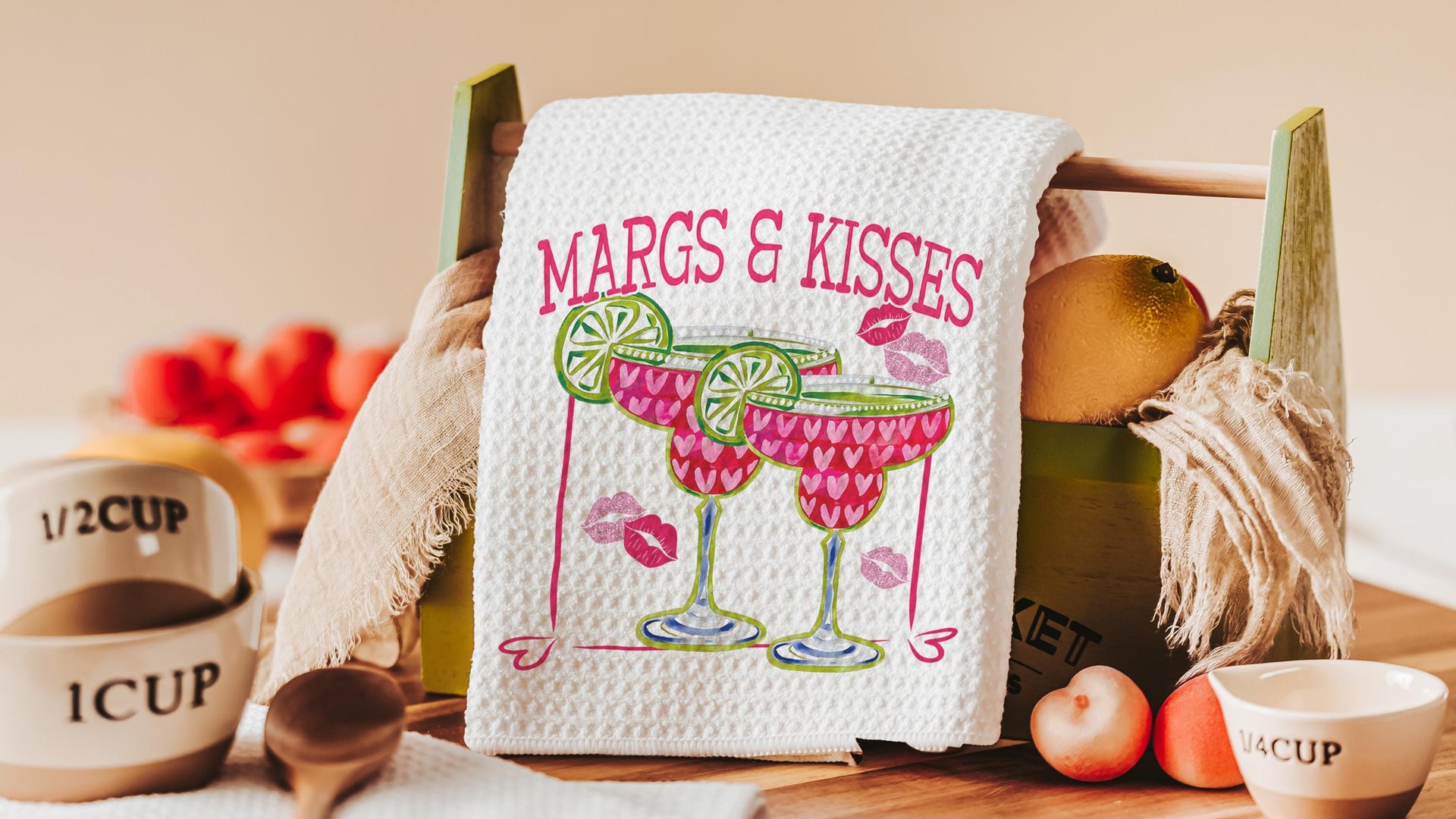 margs and kisses bar towels, Valentines day gift for adult daughter, margarita bar bachelorette favors for bridesmaids, Valentines kitchen
