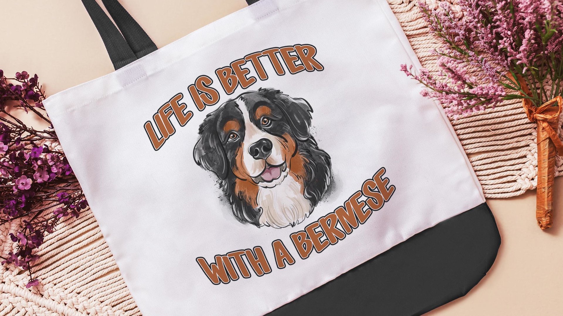 life is better with a dog bernese mountain dog tote bag for dog lover, bernese dog mom dog walking bag for women, cute dog gifts beach bag