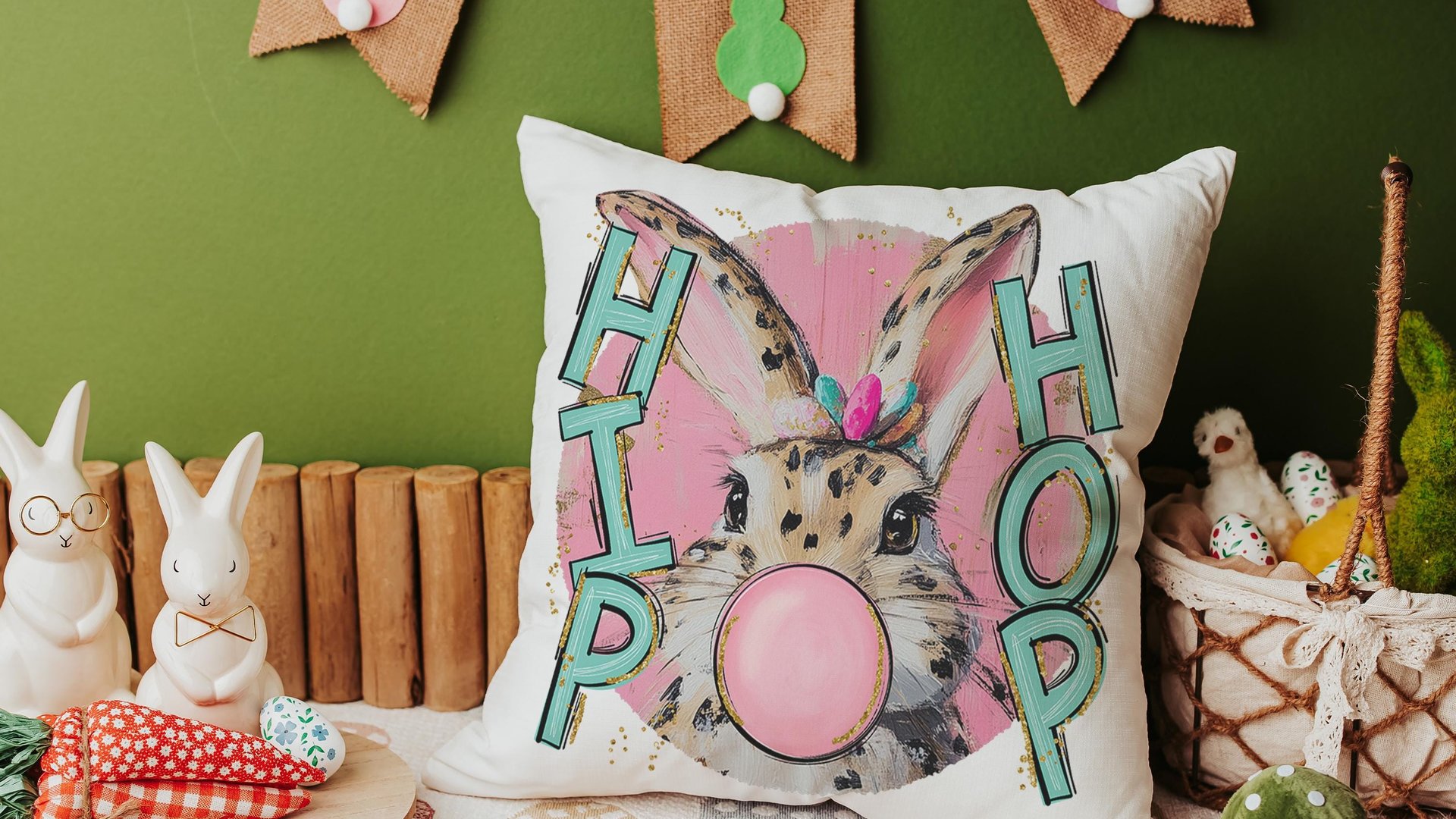 hip hop Easter bunny kitchen towels for gifts, bubblegum bunny Easter throw pillows for kids, cute Easter kitchen decor, Easter hostess gift