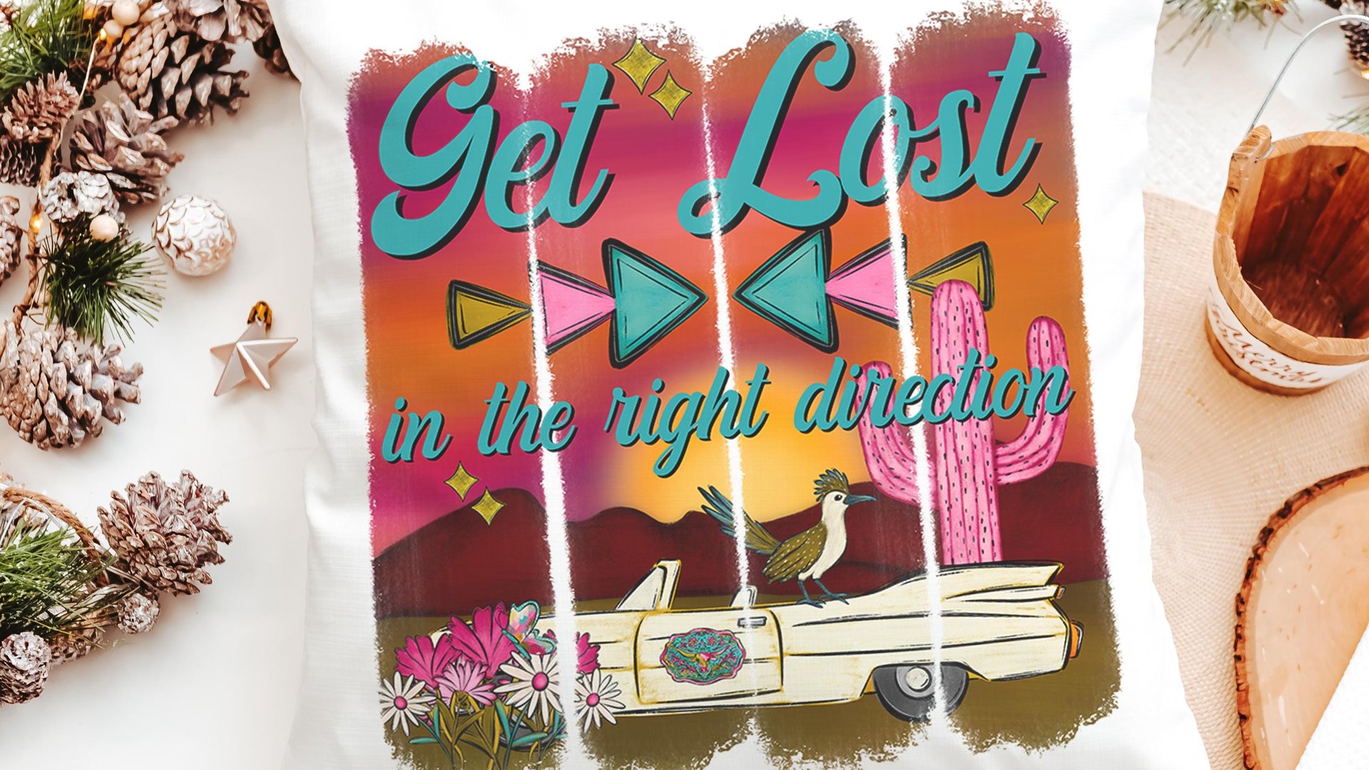 Get lost in the right direction inspirational throw pillows for couch, summer road trip RV decorations for inside, glamping bachelorette
