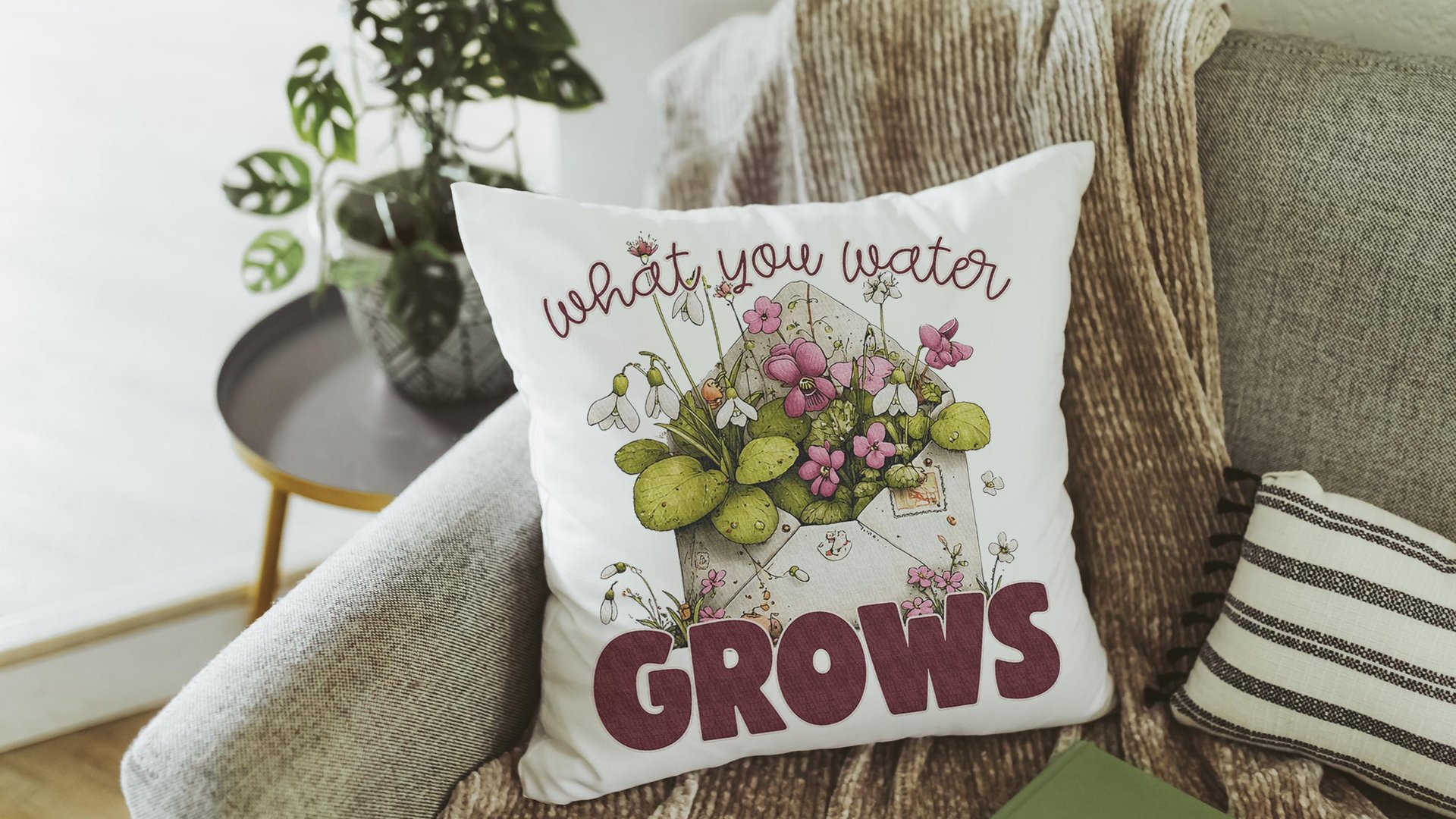 what you water grows inspirational throw pillows for couch floral decorative pillows for bed, home decor gift for women, gardener gifts for
