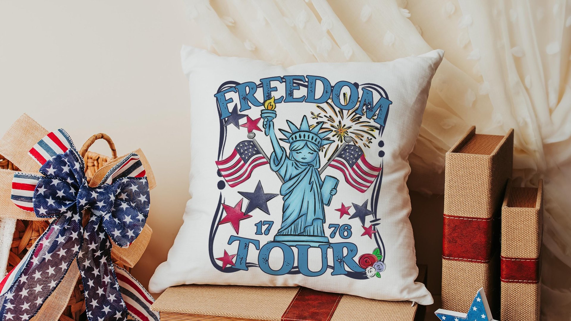 Freedom tour throw pillows for porch, Americana decor with red floral 4th of July home decor, patriotic gifts for women, military gifts