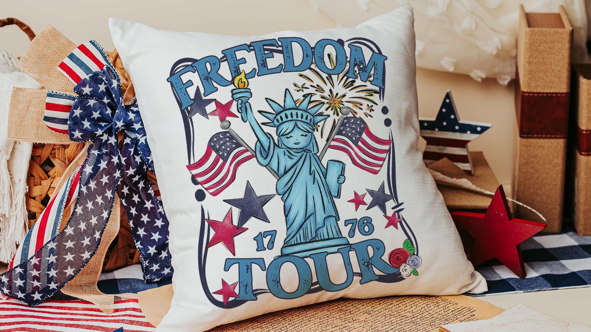 Freedom tour throw pillows for porch, Americana decor with red floral 4th of July home decor, patriotic gifts for women, military gifts